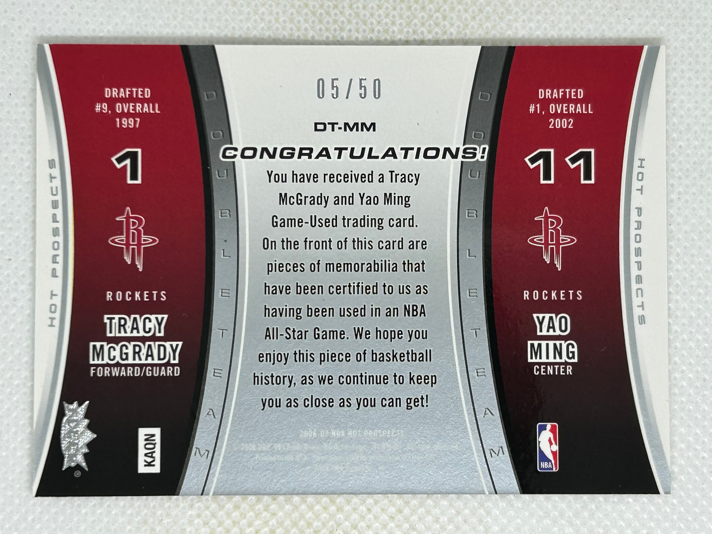 2006-07 Fleer Hot Prospects DoubleTeam All-Star Game Used Dual Relic /50 Tracy McGrady Yao Ming #DT-MM Houston Rockets