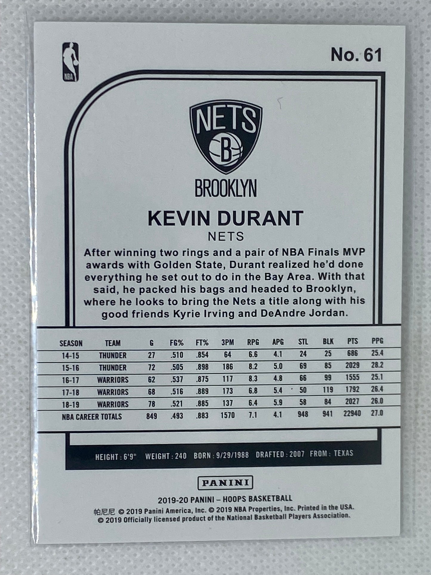 2019-20 Panini Hoops Kevin Durant #61 Brooklyn Nets