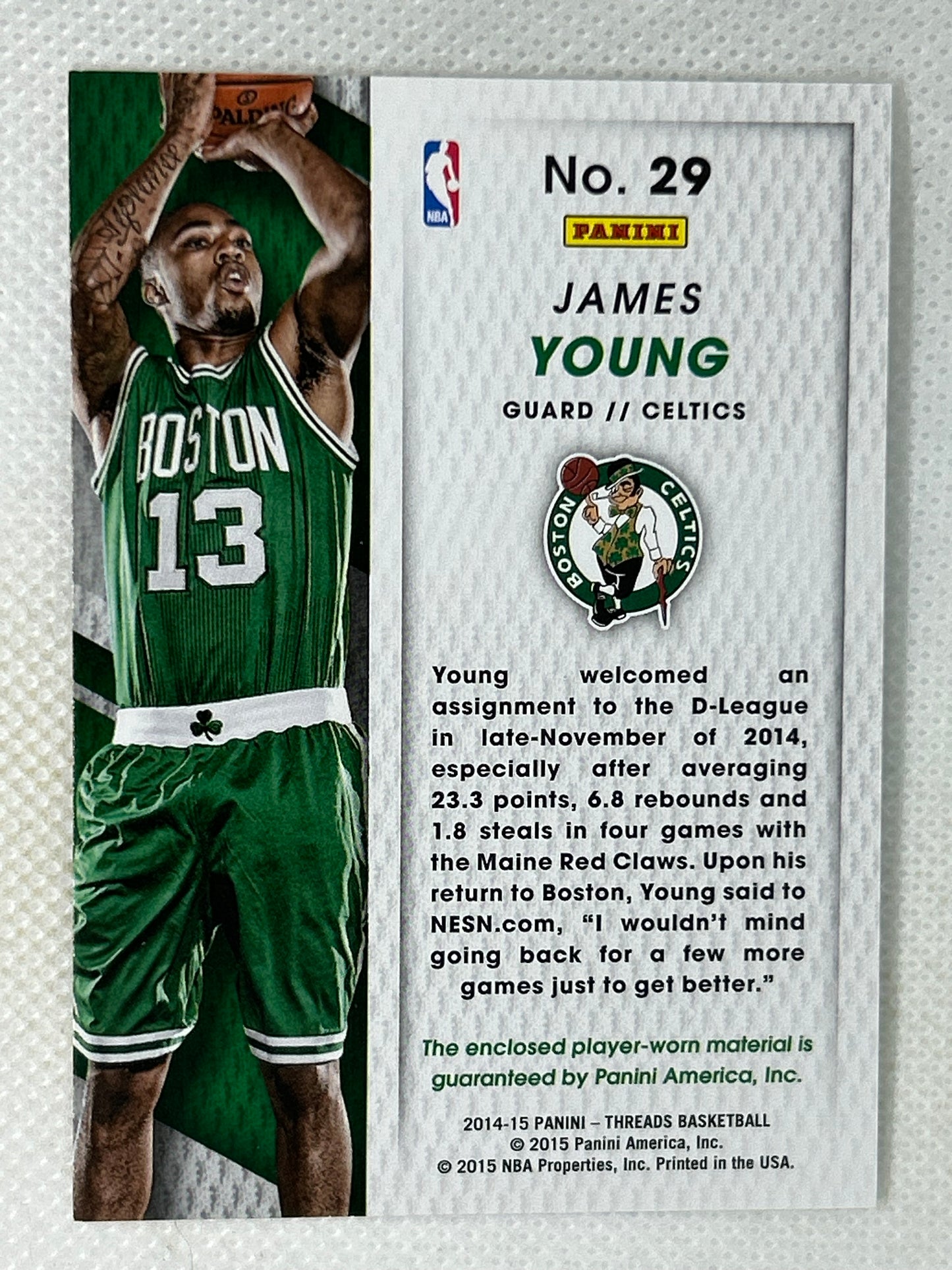 2014-15 Panini Threads James Young Rookie Threads Jersey Relic #29 Boston Celtics