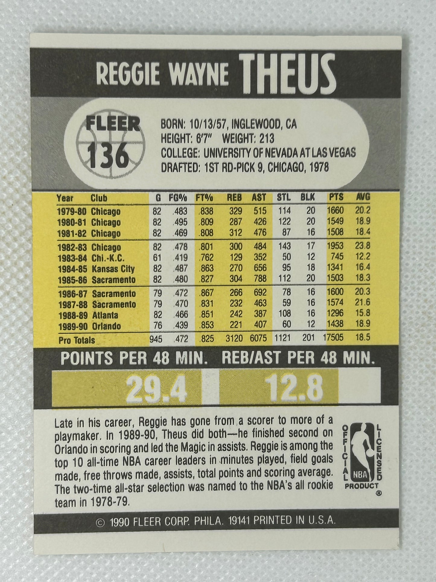 1990-91 Fleer Reggie Theus #136New Jersey Nets Signed Card