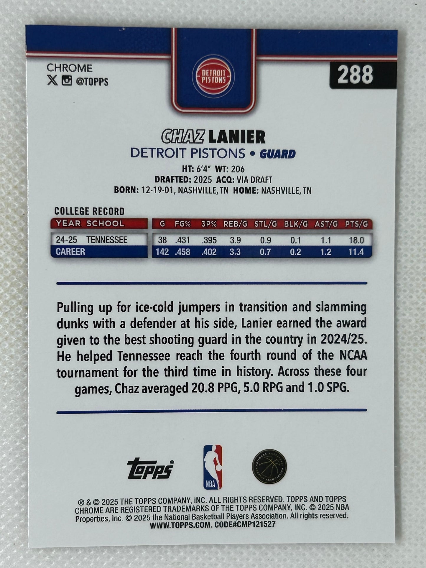 2025-26 Topps Chrome Chaz Lanier Orange Basketball Border Refractor #288 Detroit Pistons SP