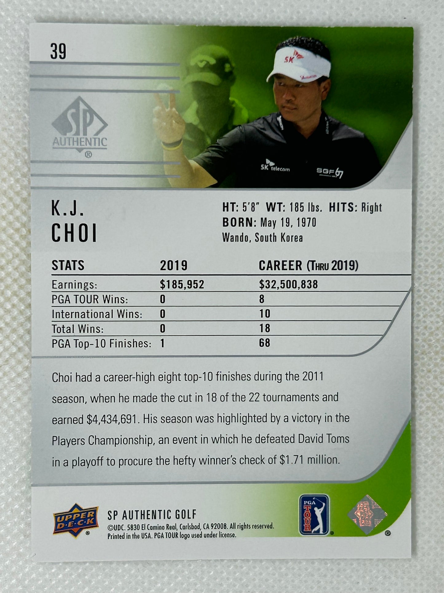 2020 SP Authentic Golf KJ Choi #39 Signed Card