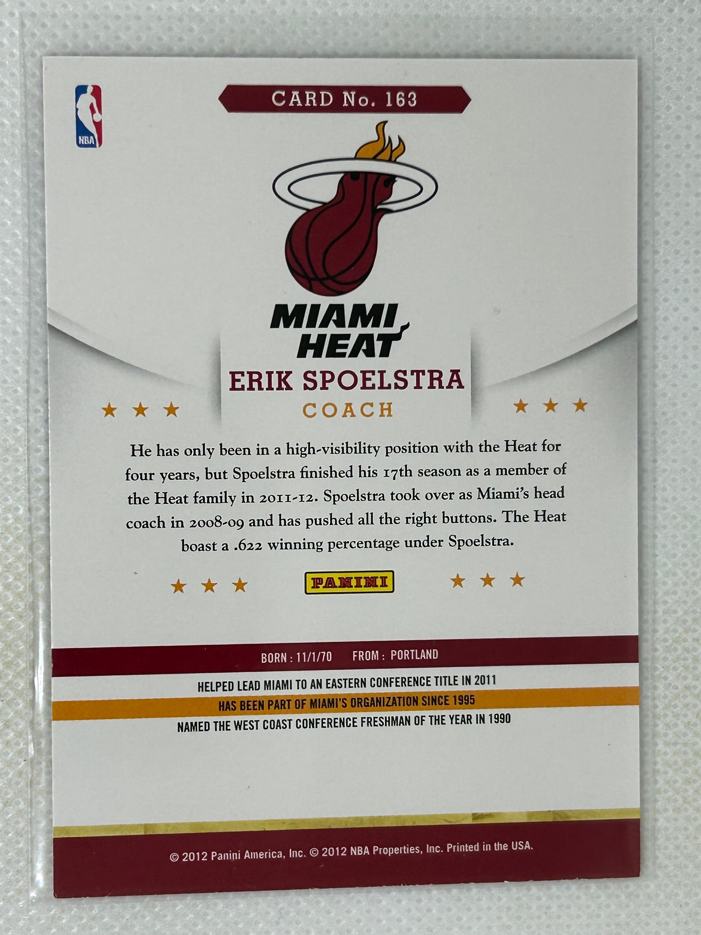 2012-13 Panini Hoops Erik Spoelstra #163 Miami Heat