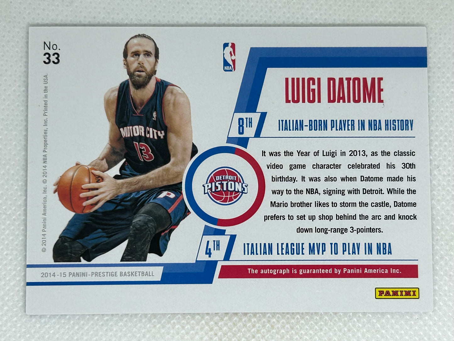 2014-15 Panini Prestige Luigi Datome Bonus Shots Rookie Autograph #33 /199 Detroit Pistons