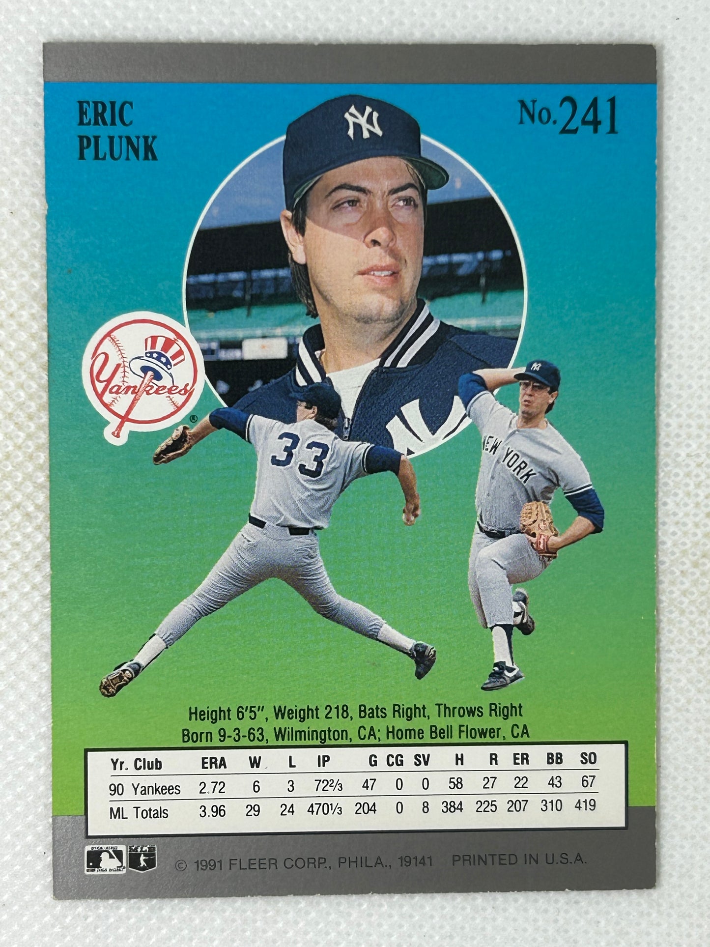 1991 Fleer Ultra Baseball #241 Eric Plunk New York Yankees Signed Card