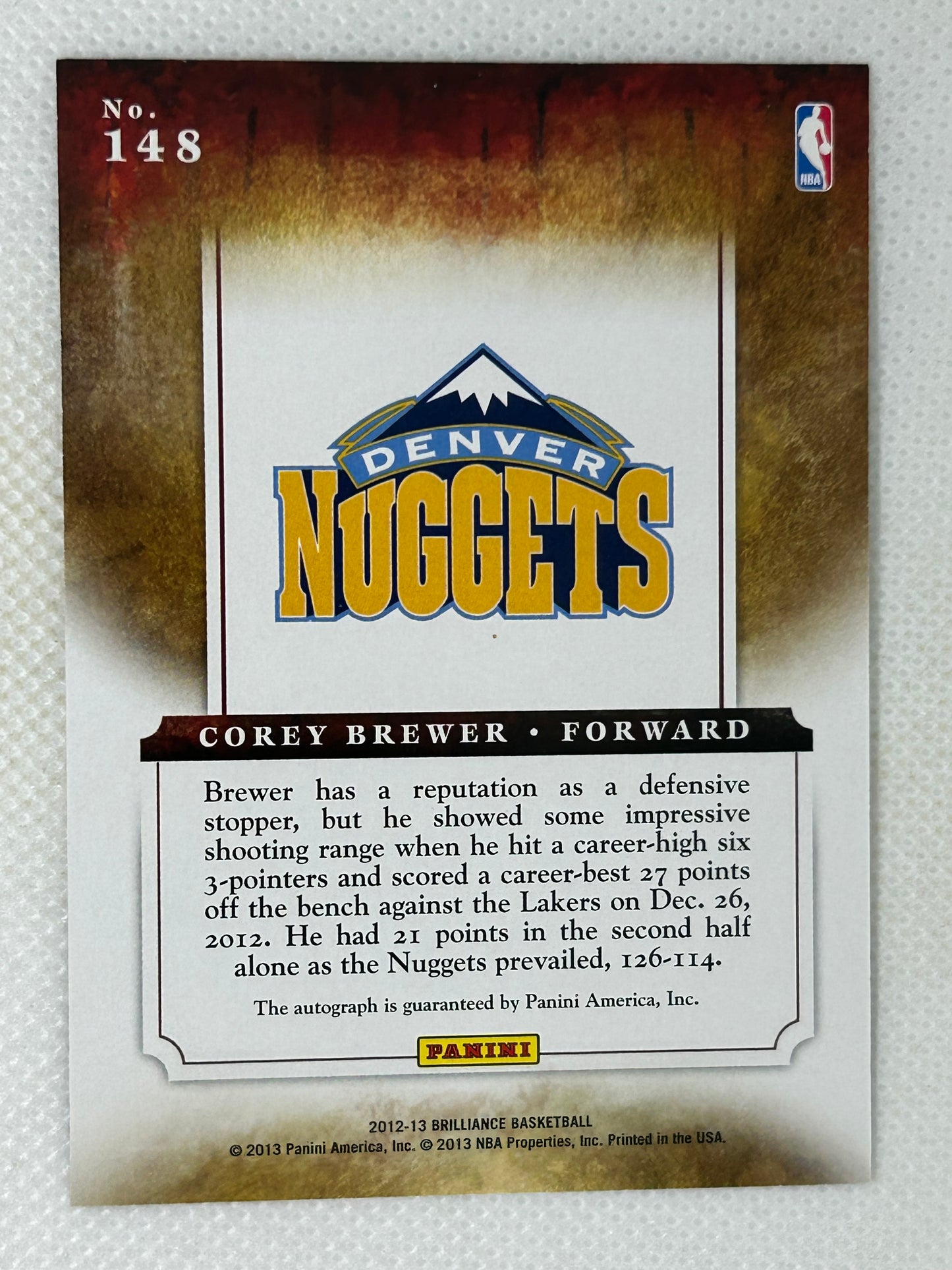 2012-13 Panini Brilliance Marks of Brilliance Autograph /199 Corey Brewer #148 Denver Nuggets