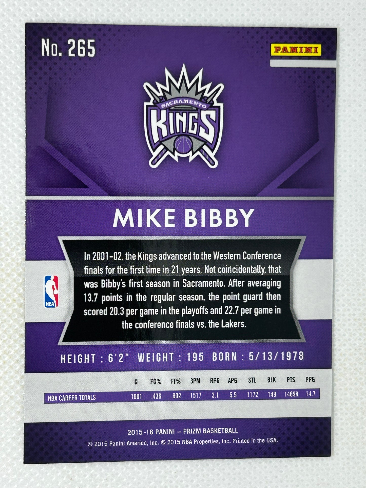 2015-16 Panini Prizm #265 Mike Bibby Sacramento Kings Signed Card