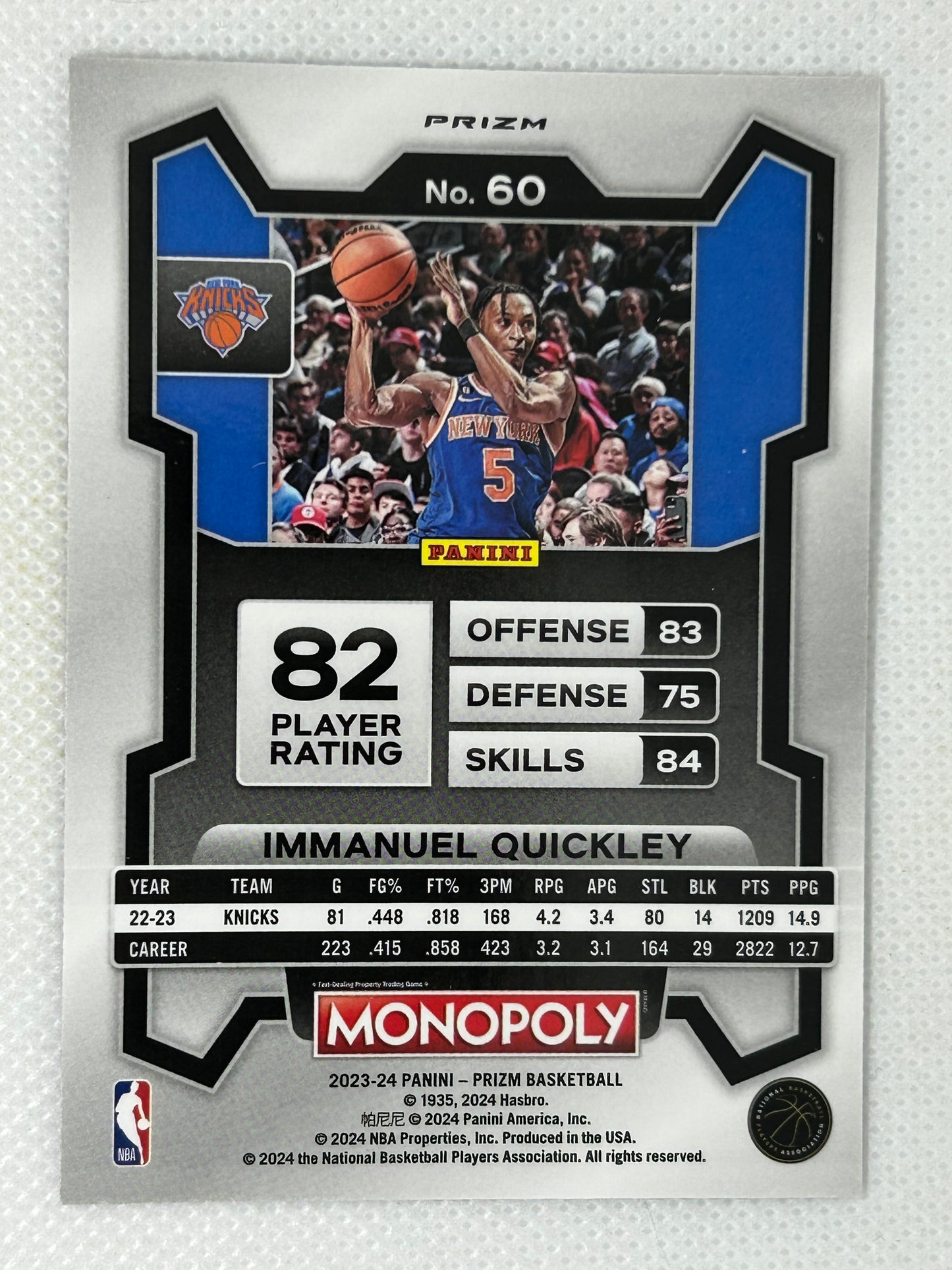 2023-24 Panini Prizm Monopoly Purple Wave Immanuel Quickley #60 New York Knicks