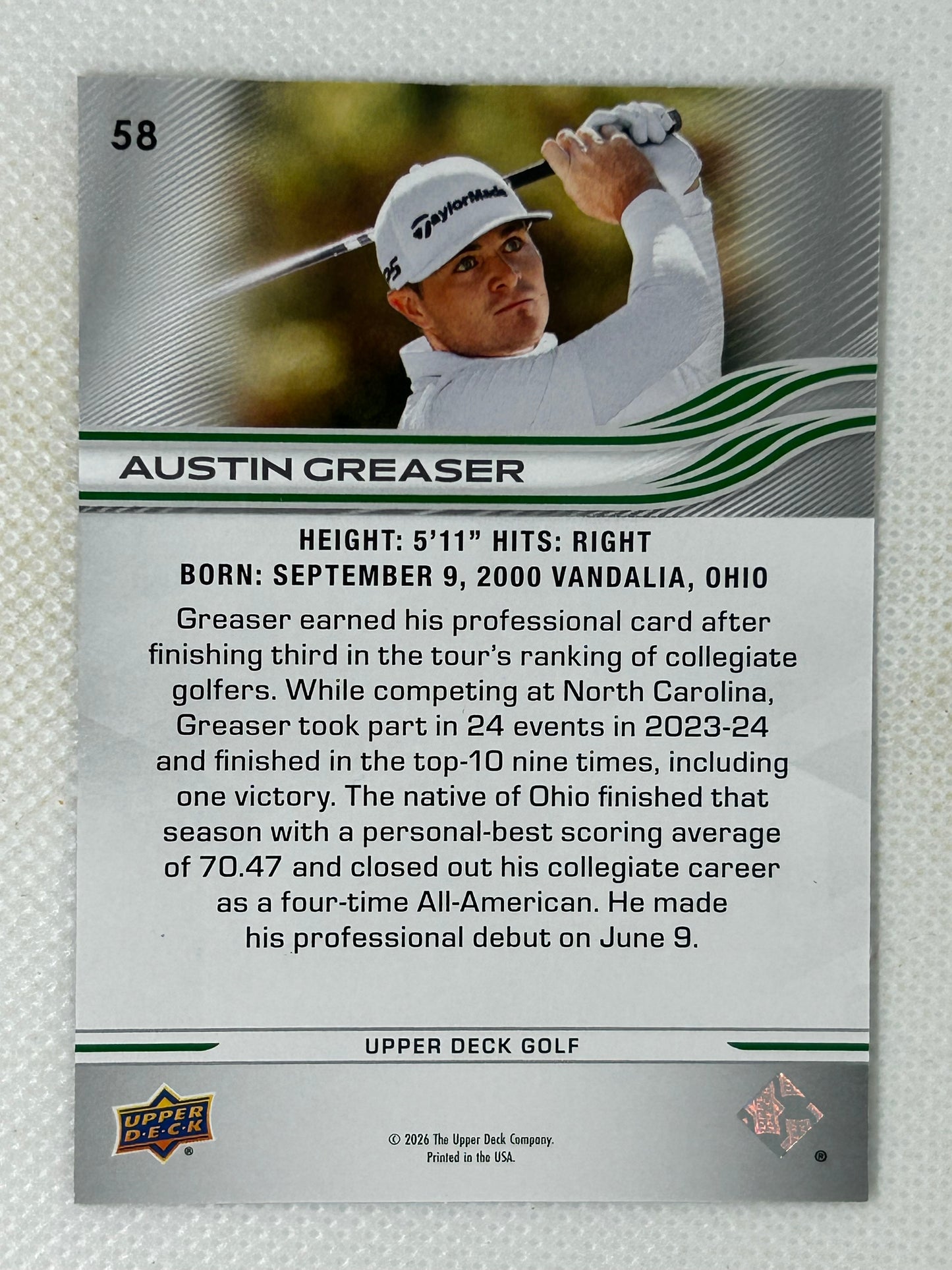 2026 Upper Deck Golf Blue Foil #58 Deluxe /250 Austin Greaser
