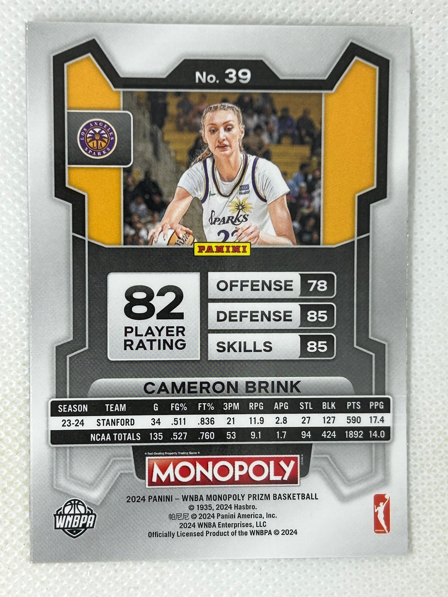 2024 Panini Prizm WNBA Monopoly Rookie Cameron Brink #39 Los Angeles Sparks