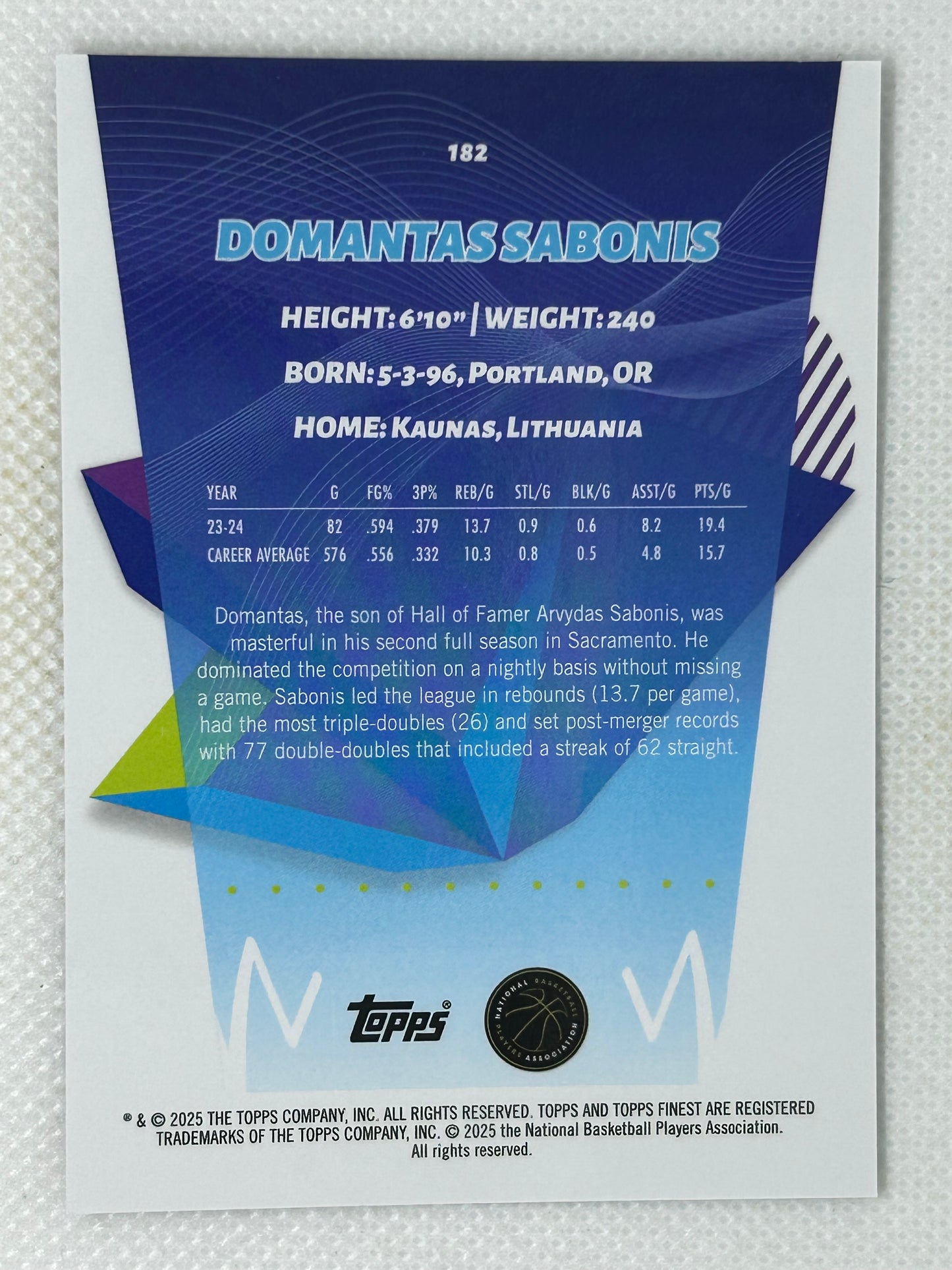 2024-25 Topps Finest Rare Black Refractor /20 Domantas Sabonis #283 Sacramento Kings