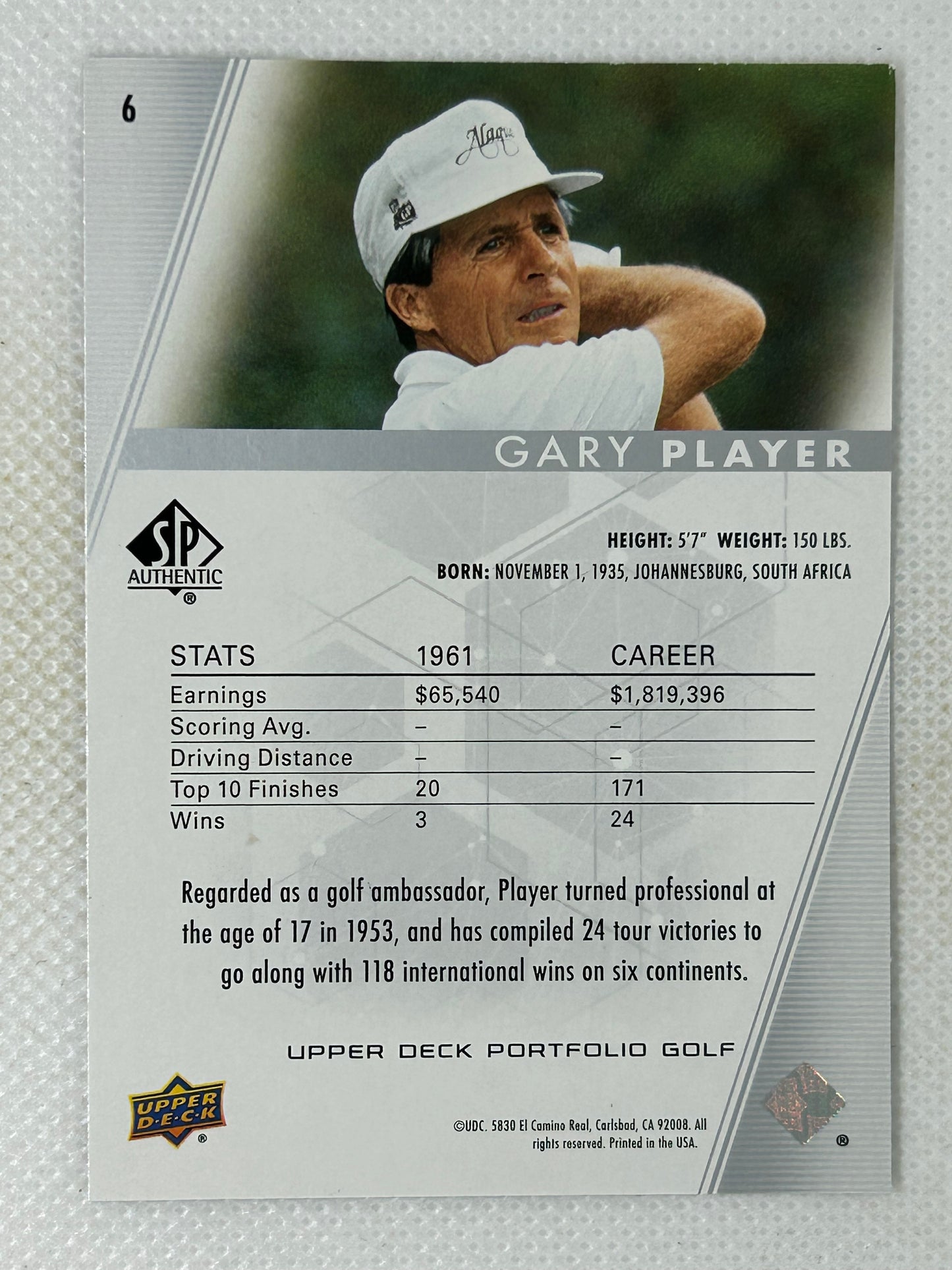 2024 Upper Deck Portfolio SP Authentic Gary Player #6 Signed Card