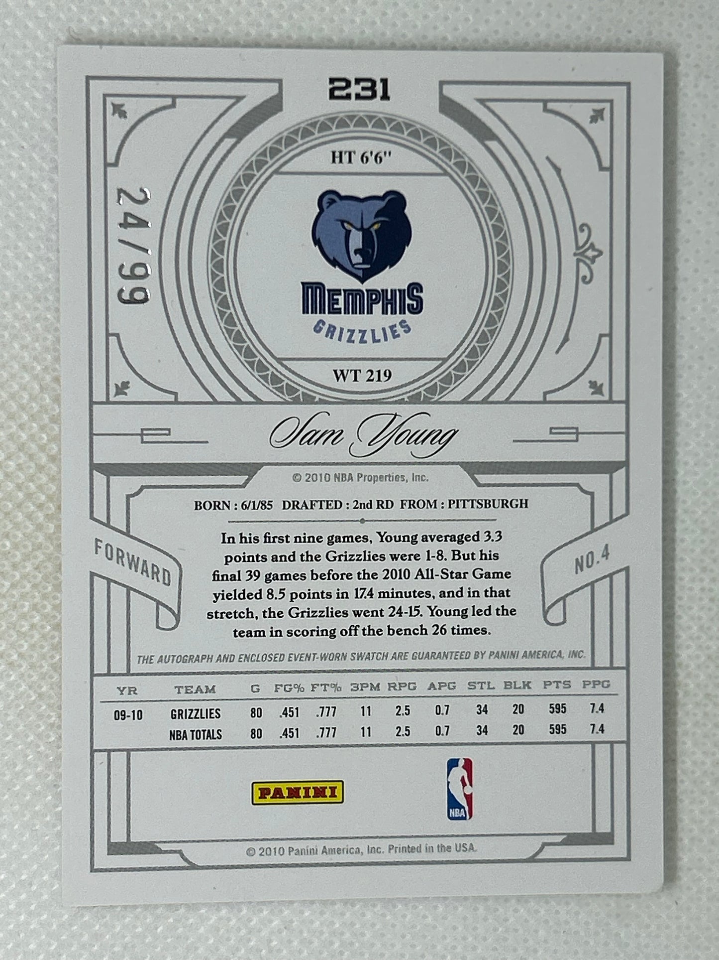 2009-10 Panini Playoff National Treasures /99 Sam Young #231 Nasty Rookie Patch Autograph Memphis Grizzlies