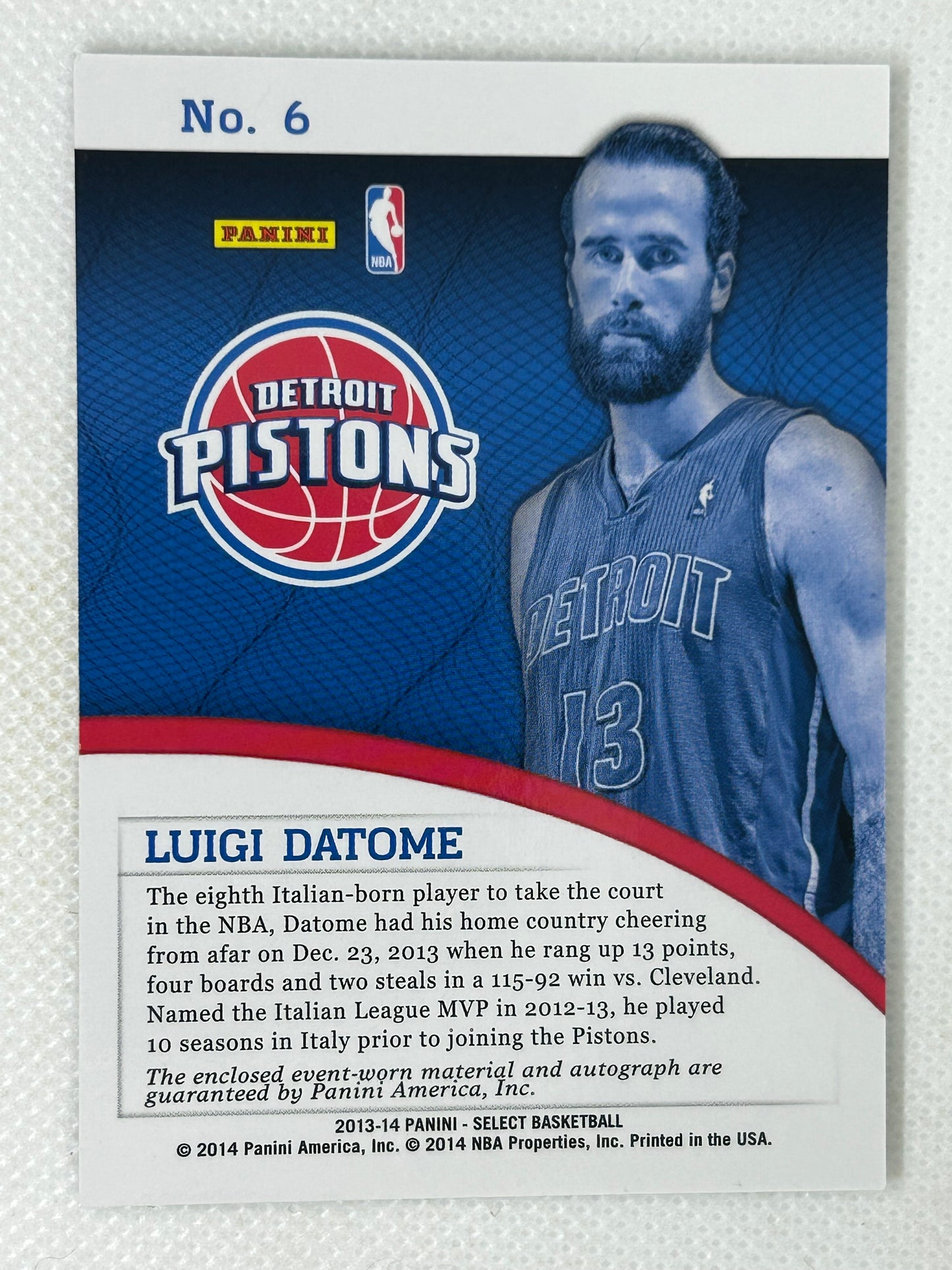 2013-14 Panini Select Rookie Jersey Autograph Luigi Datome #6 Detroit Pistons