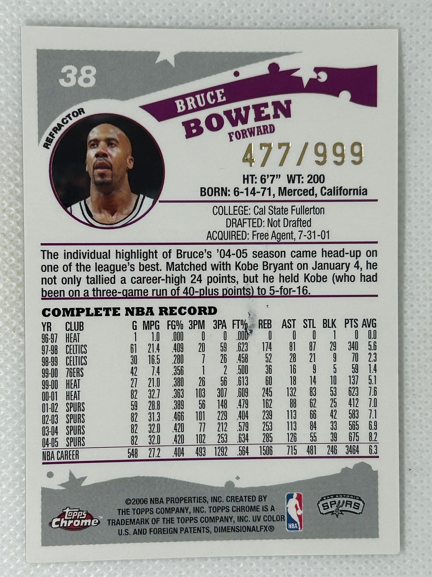 2006-07 Topps Chrome Refractor /999 Bruce Bowen #38 San Antonio Spurs Signed Card
