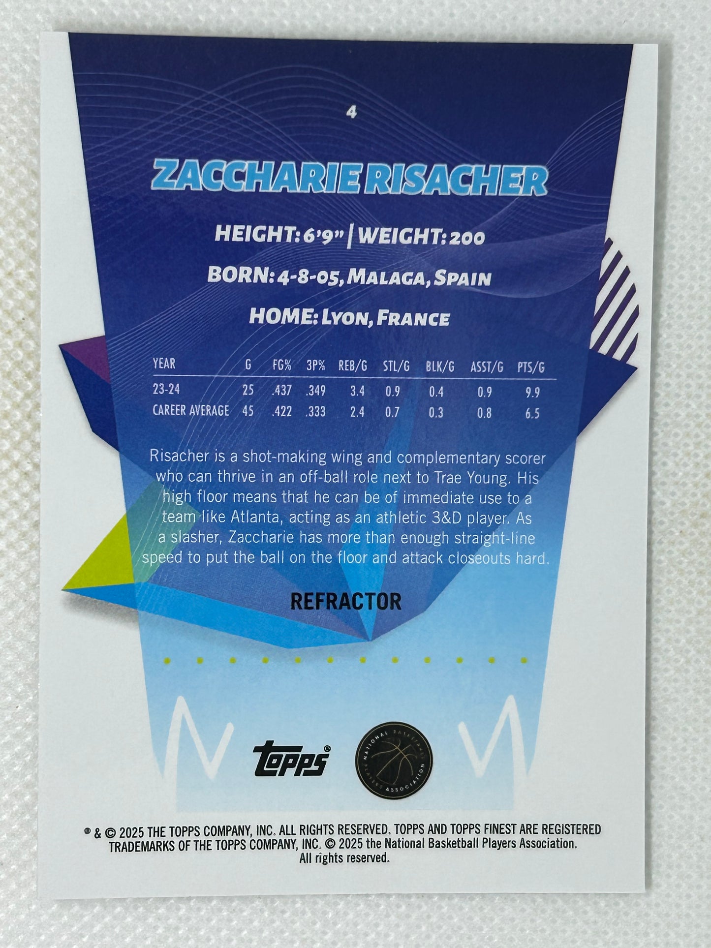 2024-25 Topps Finest Refractor Rookie Zaccharie Risacher #4 Atlanta Hawks