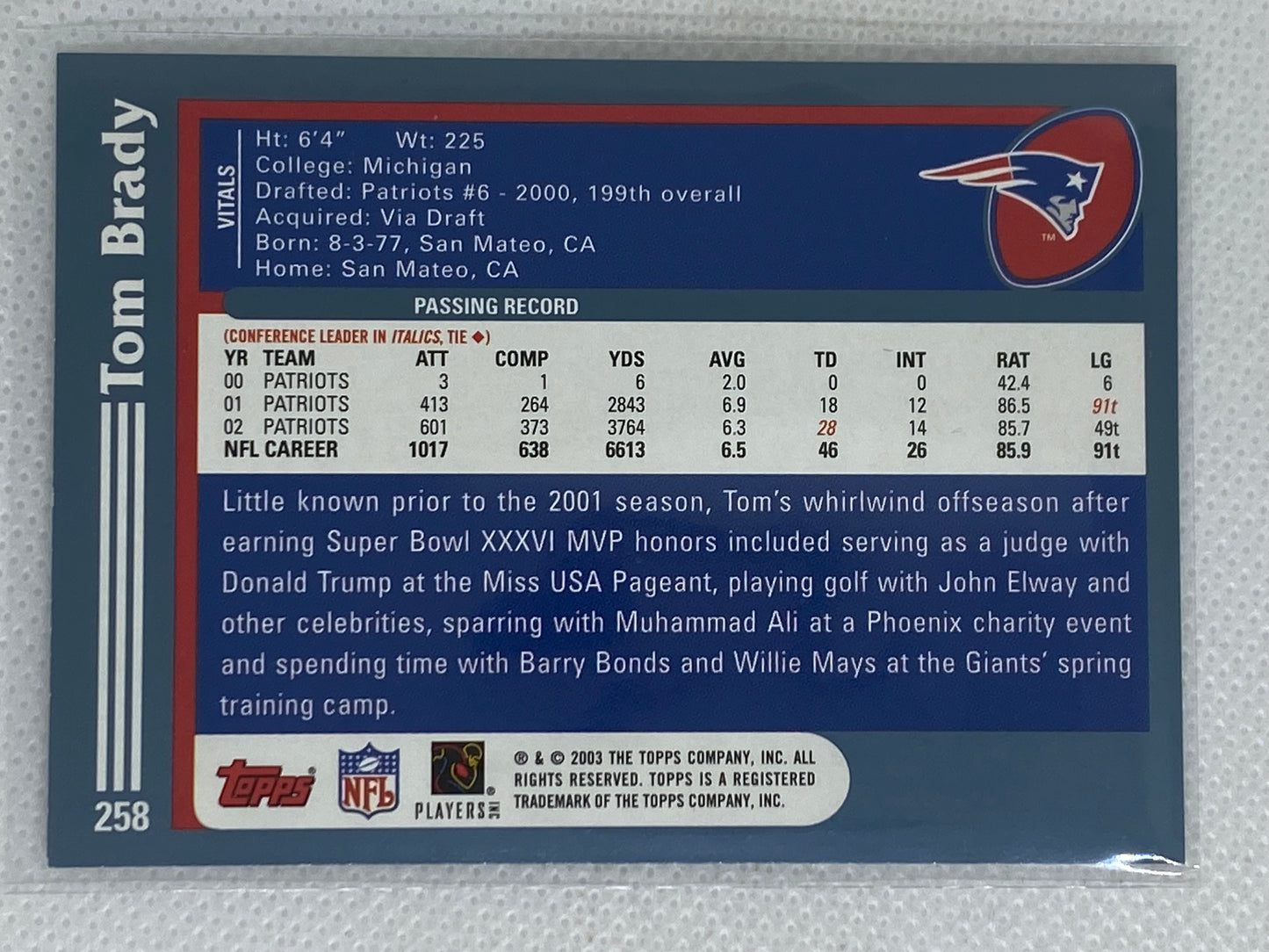 2003 Topps Tom Brady #258 New England Patriots