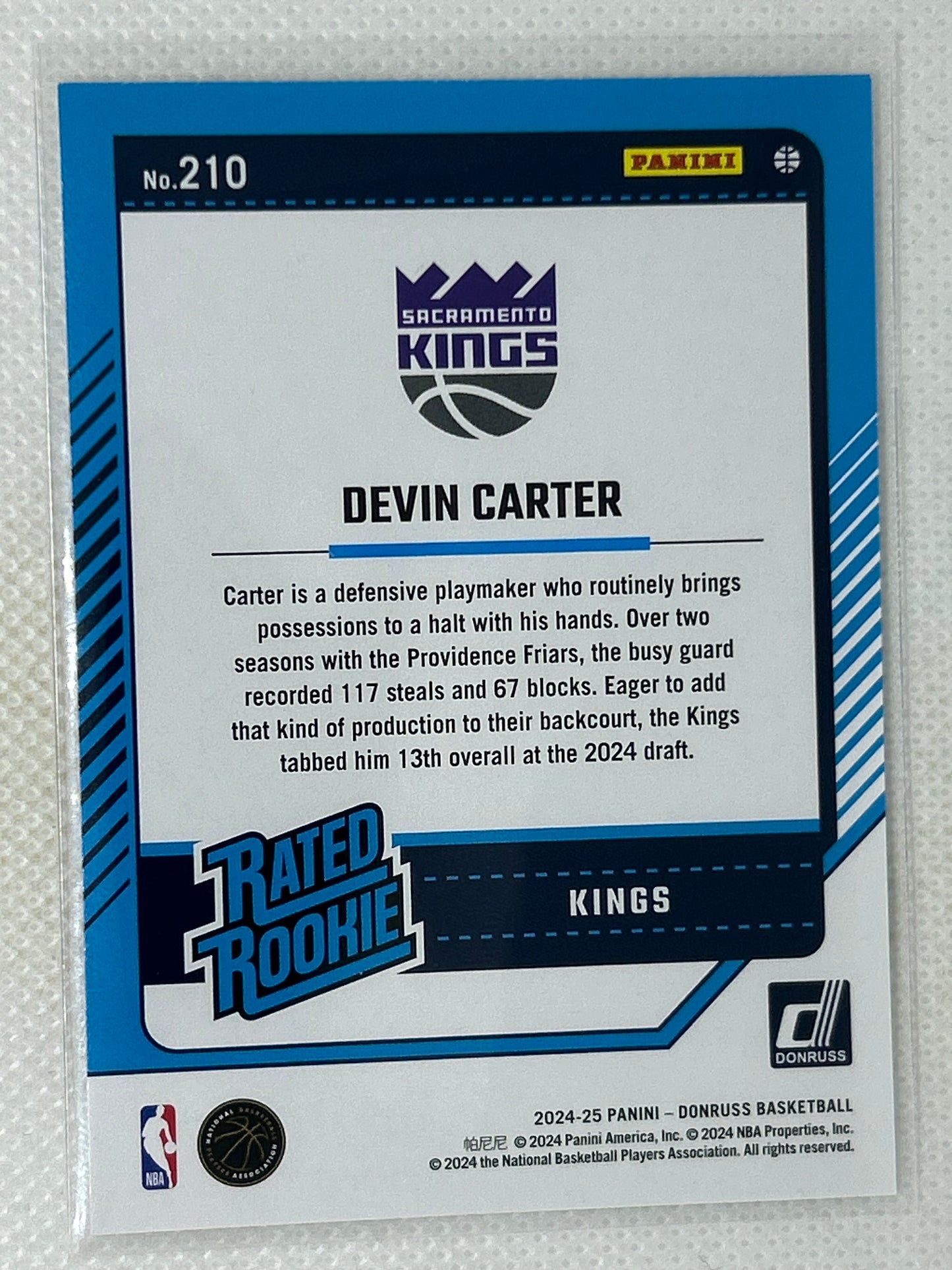 2024-25 Panini Donruss Rated Rookie Devin Carter #210 Sacramento Kings