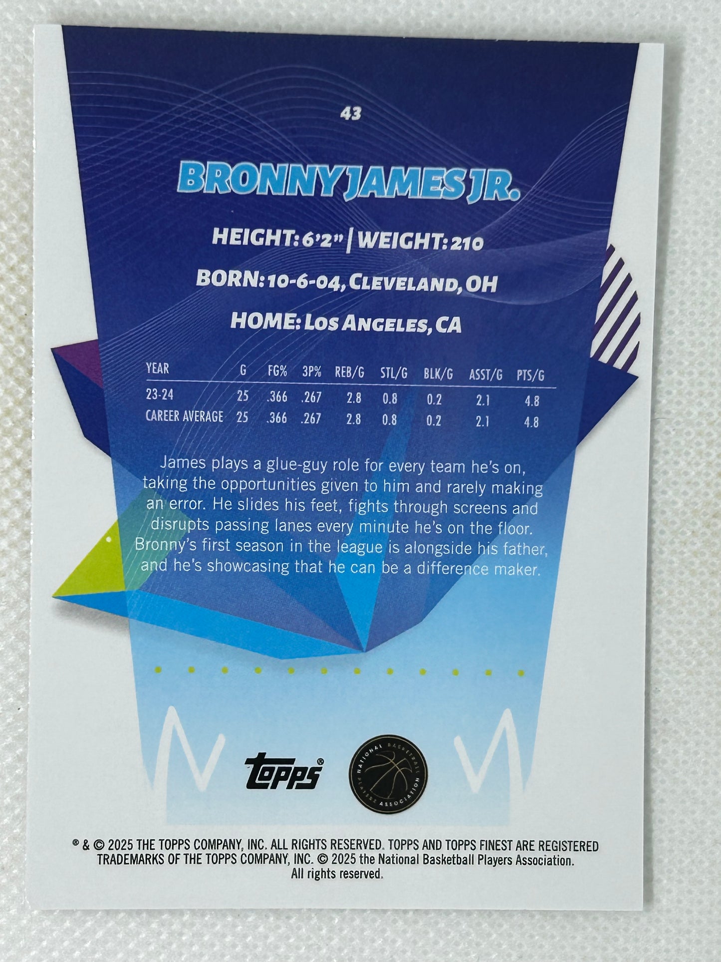 2024-25 Topps Finest Rookie Bronny James #43 Los Angeles Lakers (Rudolph Nose Error)