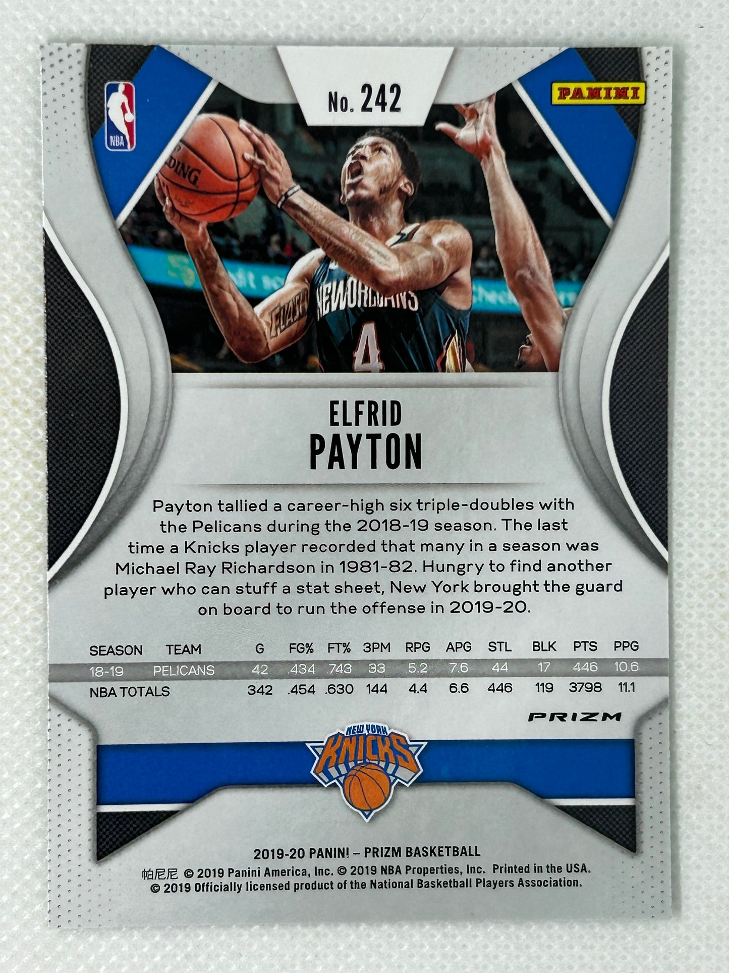 2019-20 Panini Prizm Green #242 Elfrid Payton New York Knicks Signed Card