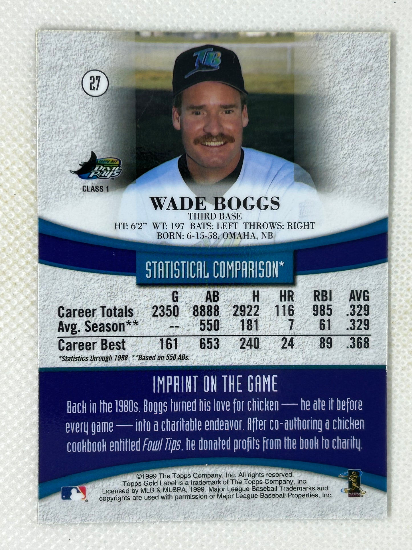 1999 Topps Gold Label #27 Wade Boggs Tampa Bay Rays Signed Card