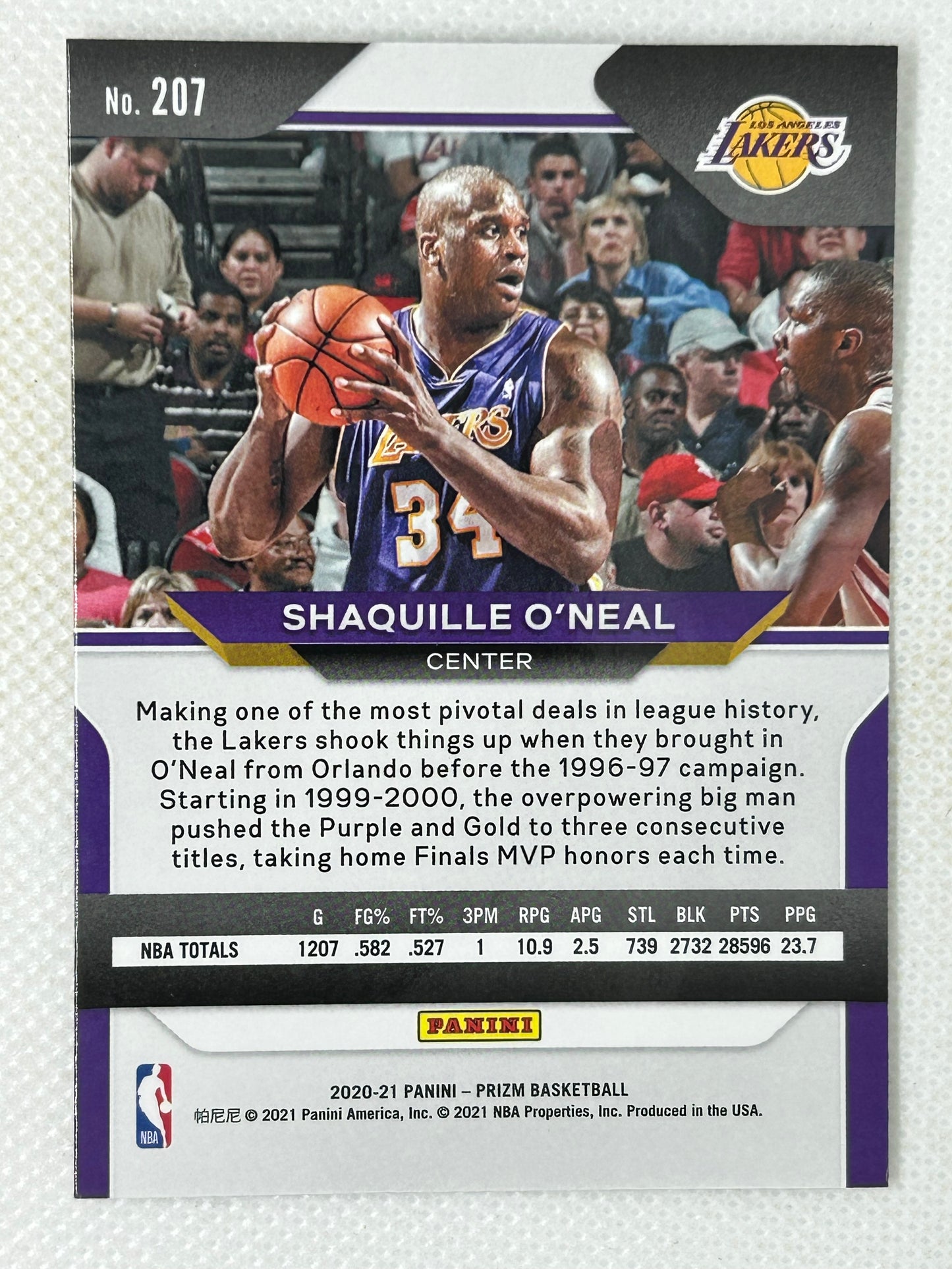 2020-21 Panini Prizm #207 Shaquille O'Neal Los Angeles Lakers Signed Card