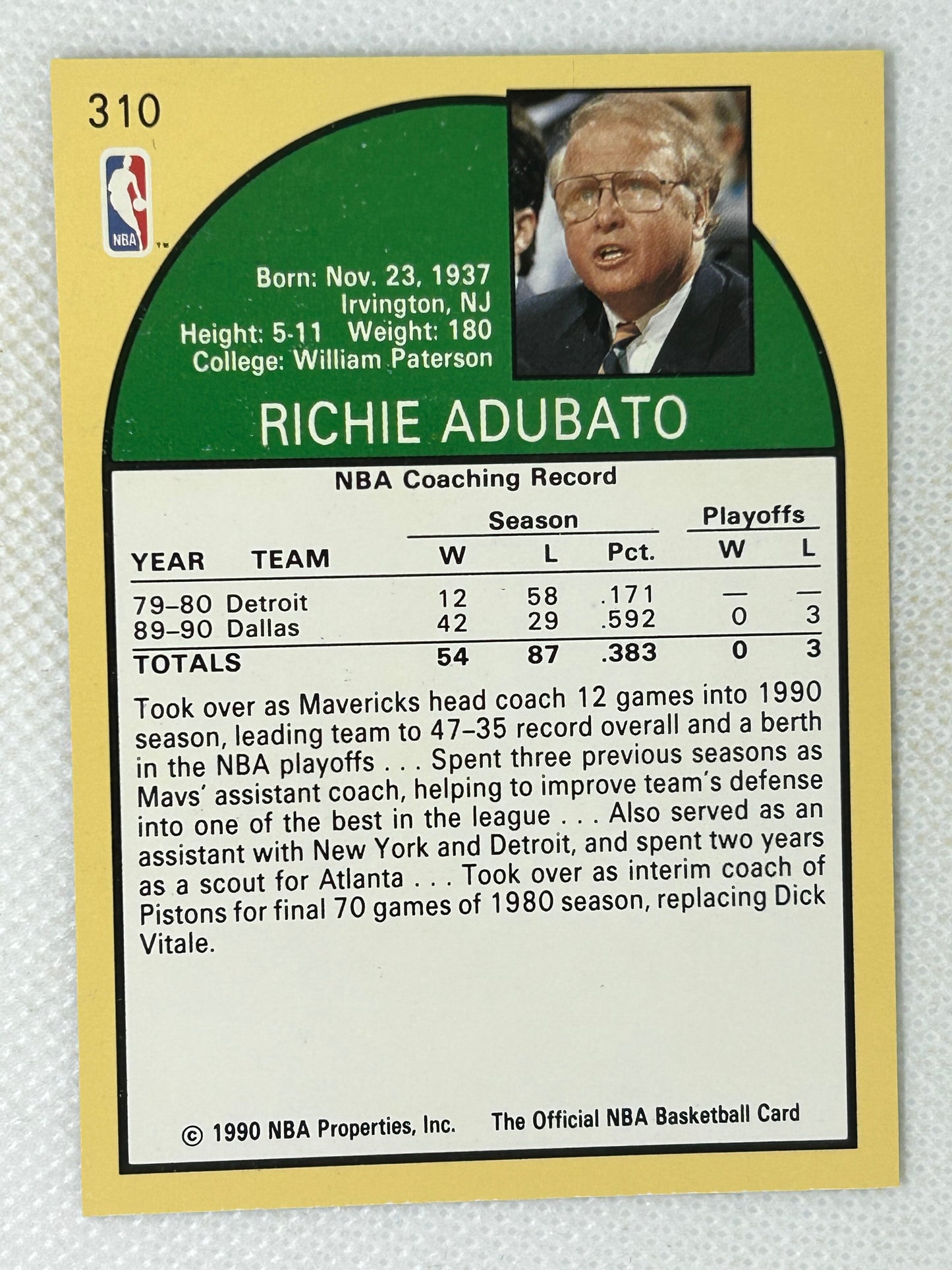 1990-91 NBA Hoops Richie Adubato #310 Dallas Mavericks Signed Card