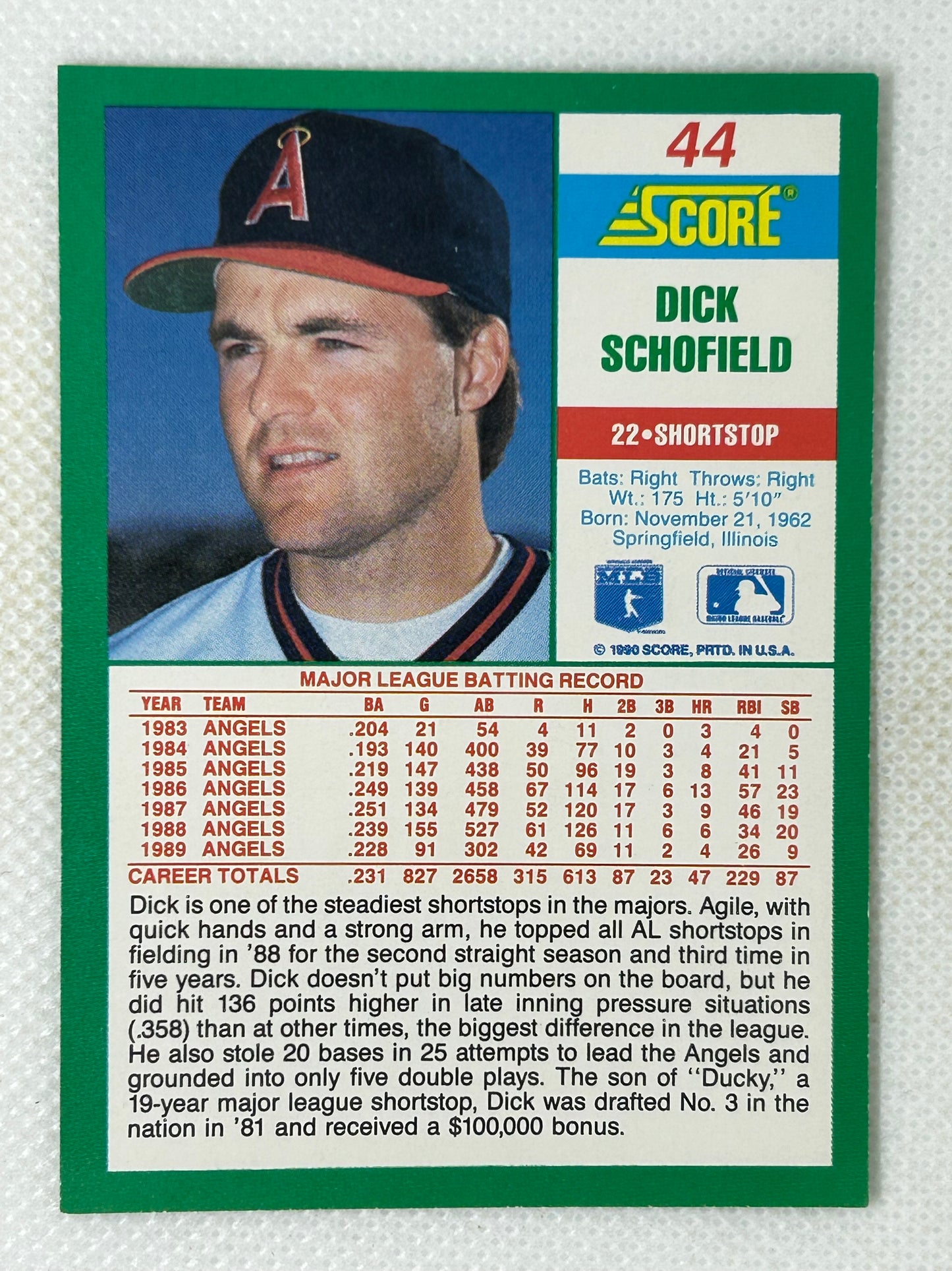 1990 Score Dick Schofield #44 Los Angeles Angels Signed Card