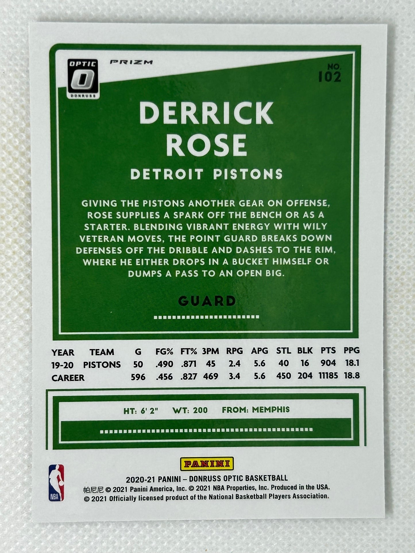 2020-21 Panini Optic Holo Derrick Rose #102 Detroit Pistons