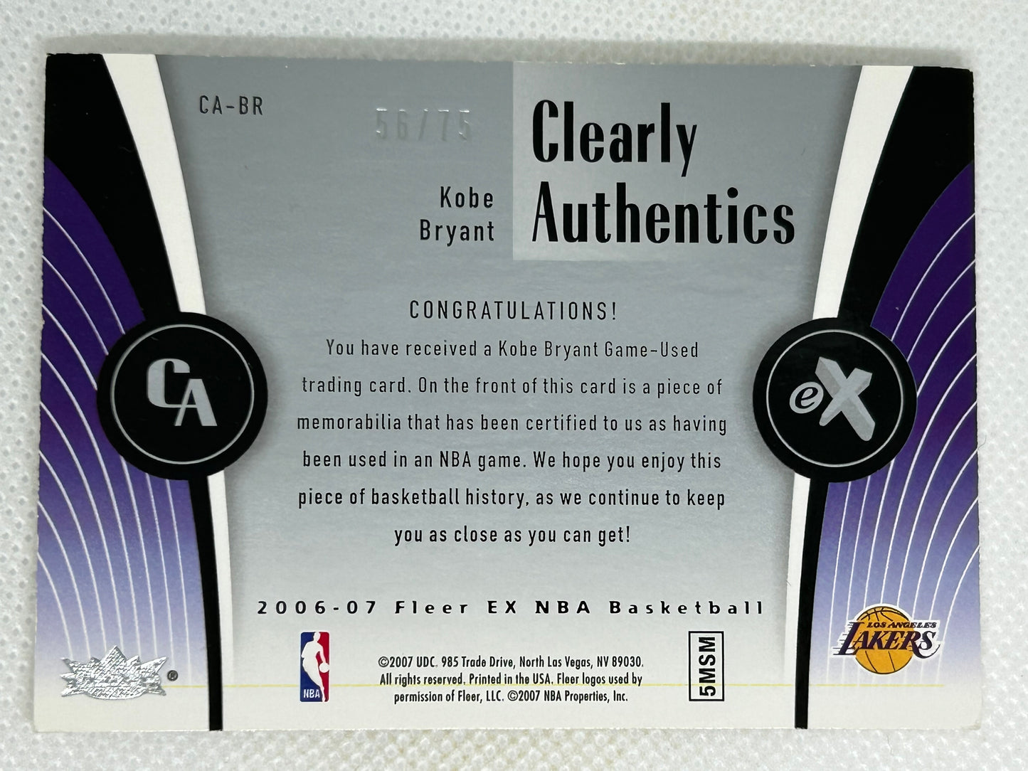2006-07 Fleer EX Clearly Authentics /75 Prime Patch Kobe Bryant #CA-BR Los Angeles Lakers