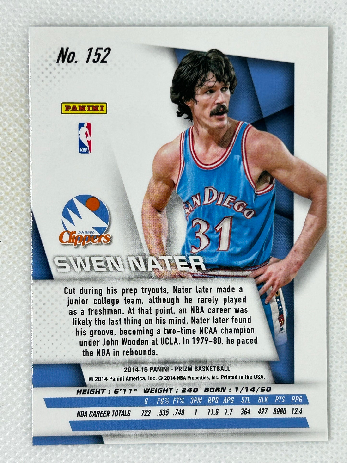 2014-15 Panini Prizm #152 Swen Nater San Diego Clippers Signed Card