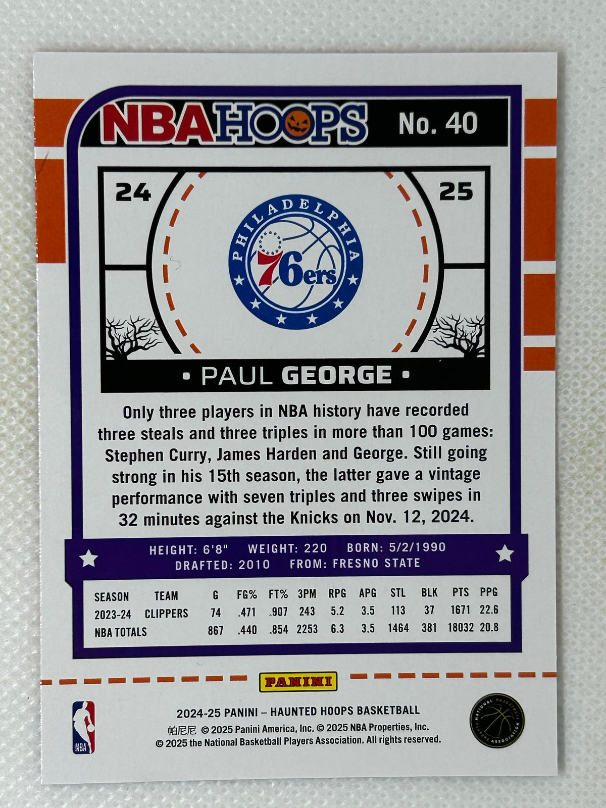 2024-25 NBA Hoops Pumpkin Paul George #40 Philadelphia 76ers