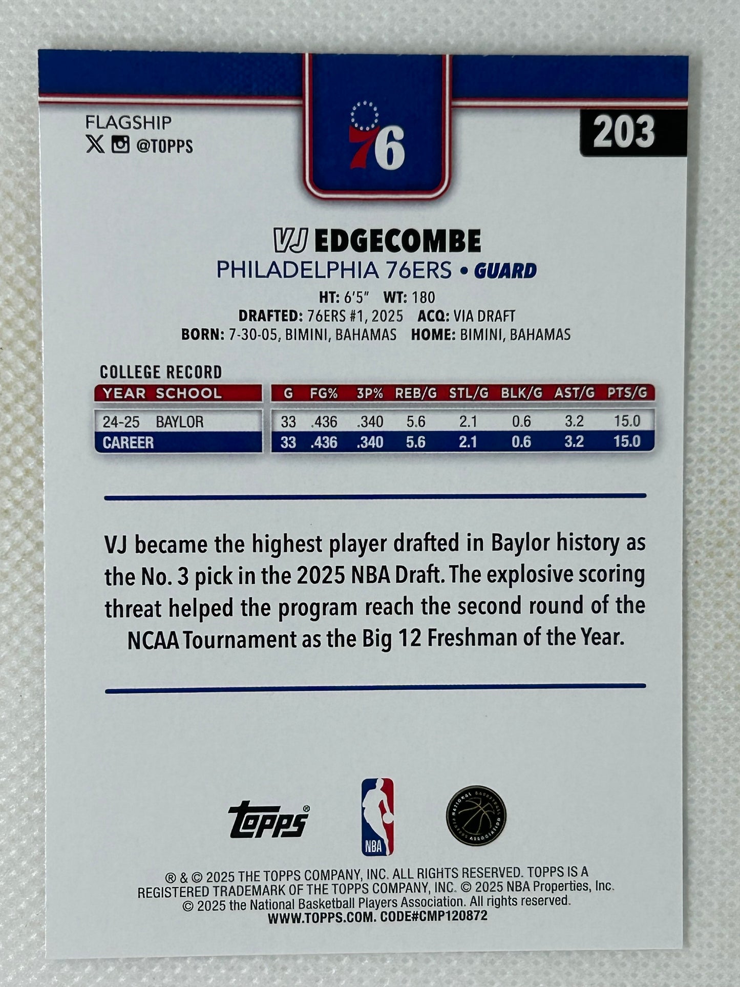 2025-26 Topps VJ Edgecombe Base Rookie #203 Philadelphia 76ers