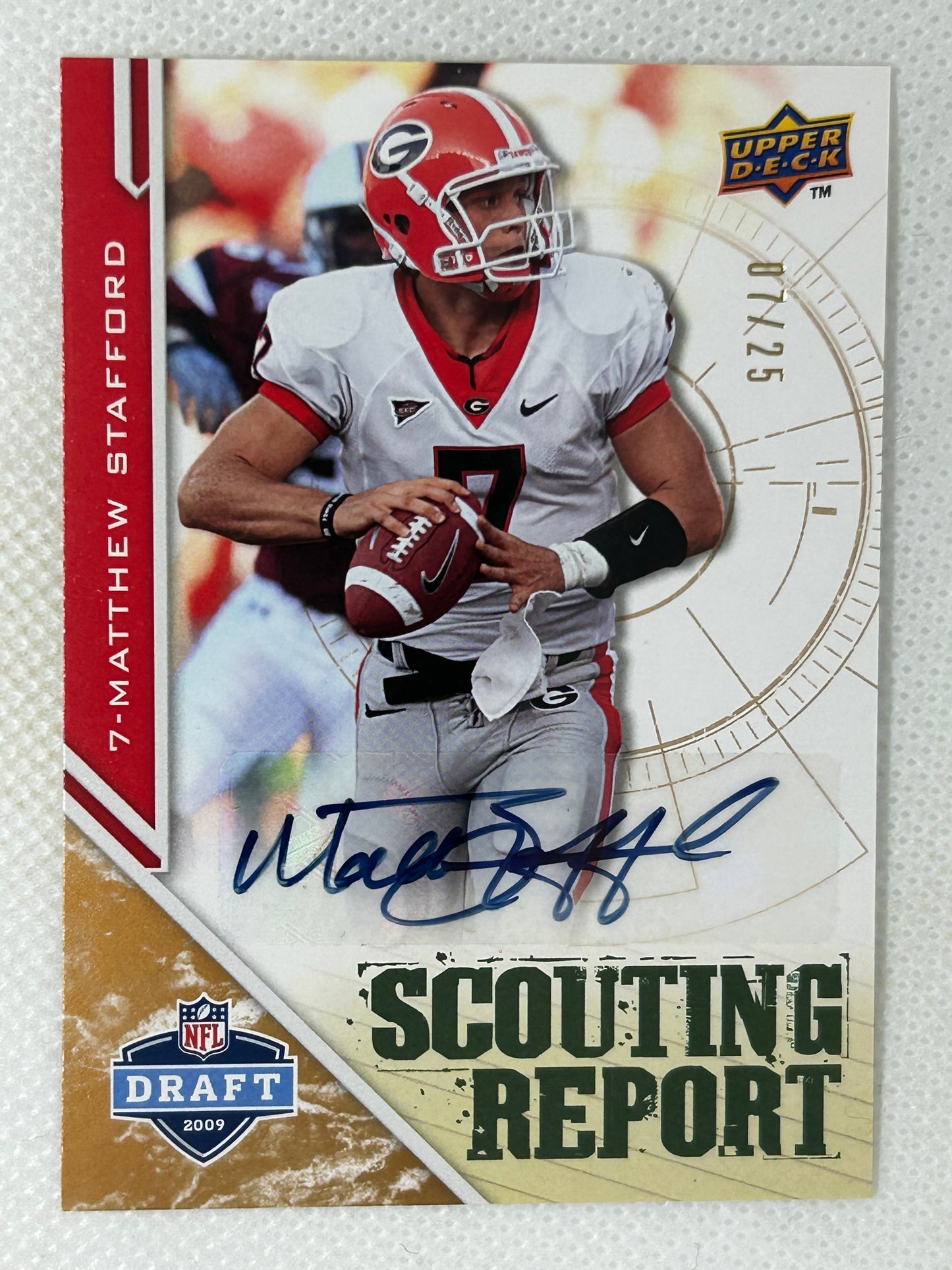 2009 Upper Deck Draft Scouting Report 7/25 #208 Jersey Numbered Autograph Matthew Stafford Detroit Lions