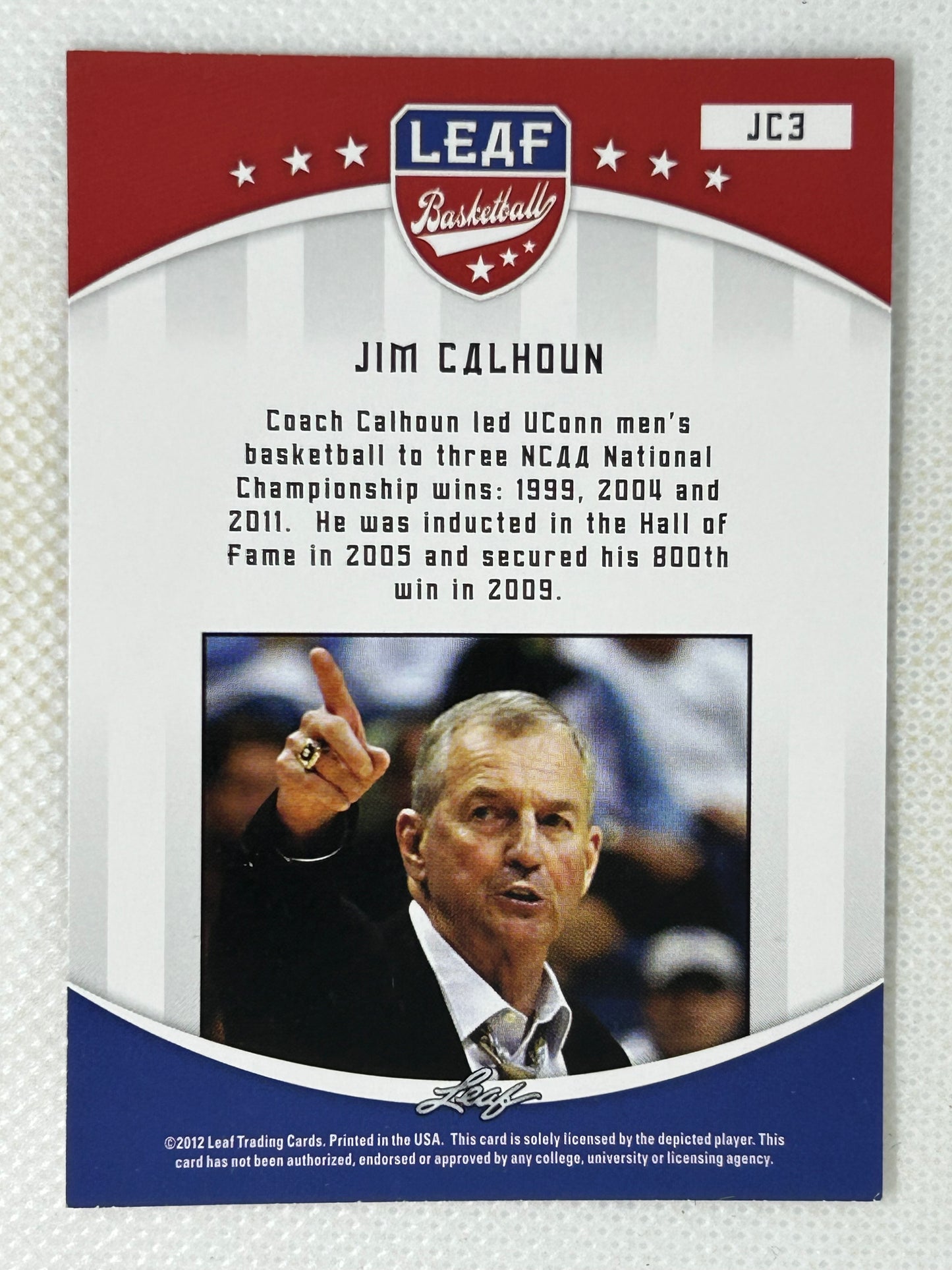 2012 Leaf #JC3 Jim Calhoun UConn Huskies Signed Card