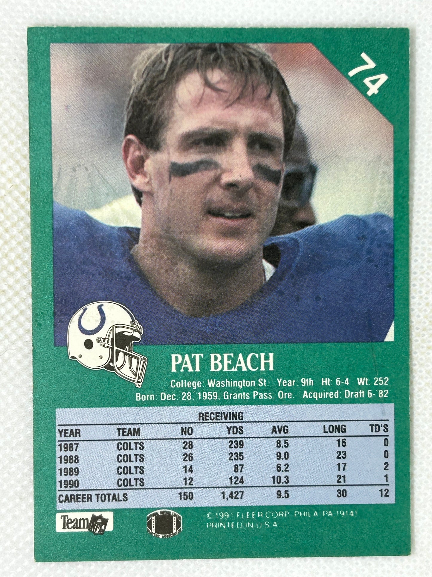 1991 Fleer Pat Beach #74 Indianapolis Colts Signed Card