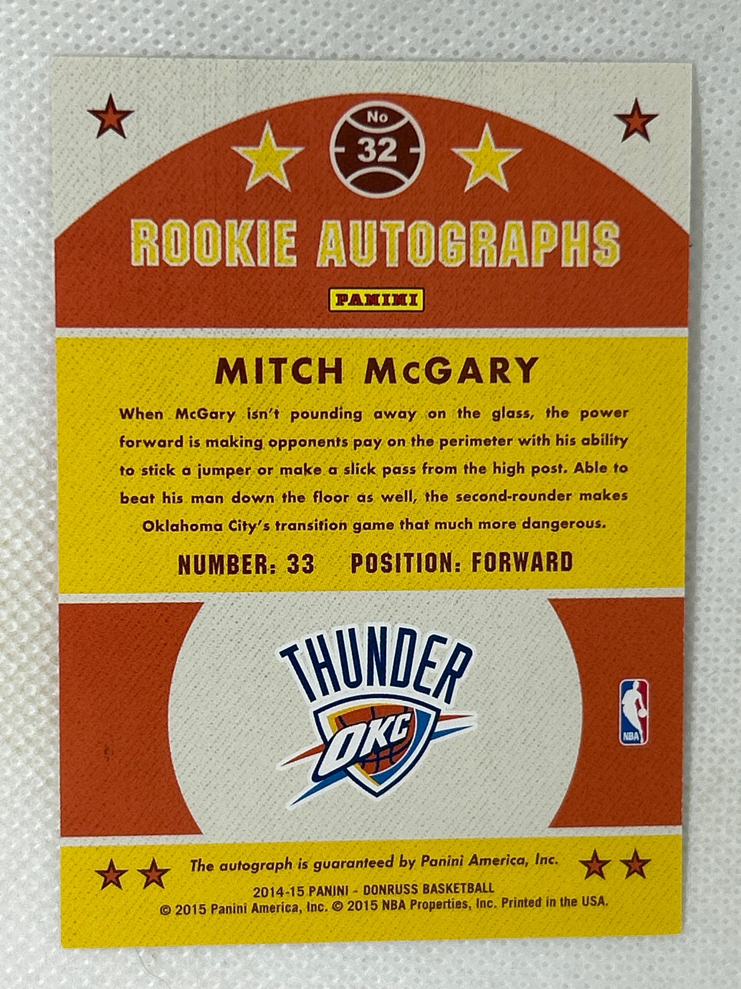 2014-15 Panini Donruss Rookie Autograph /199 Mitch McGary #32 Oklahoma City Thunder
