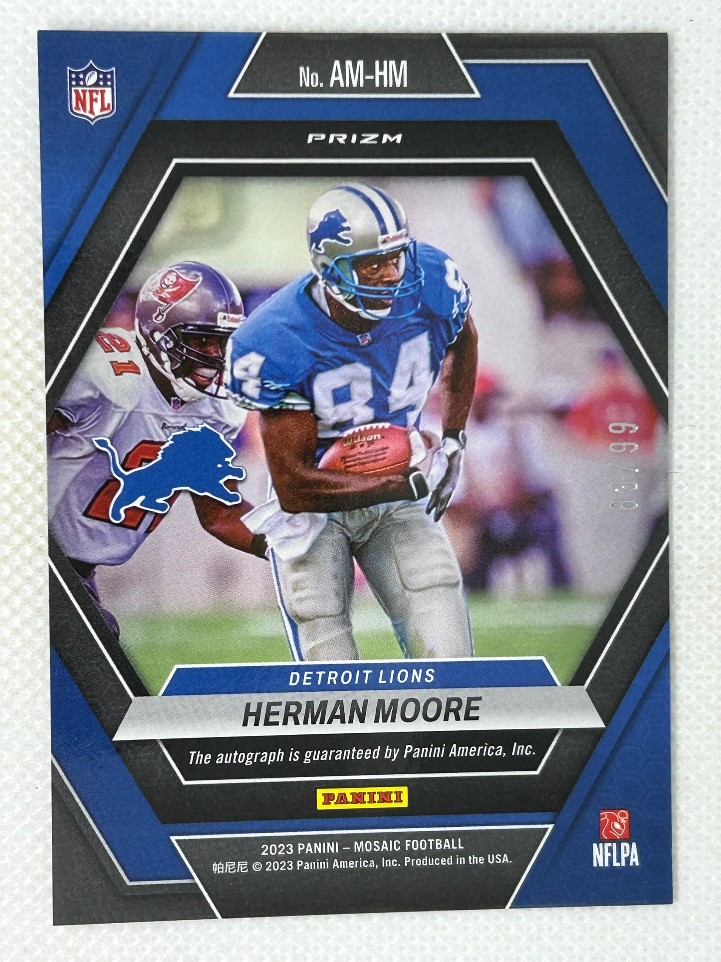 2023 Panini Mosaic Blue /99 Autograph Herman Moore #AM-HM Detroit Lions