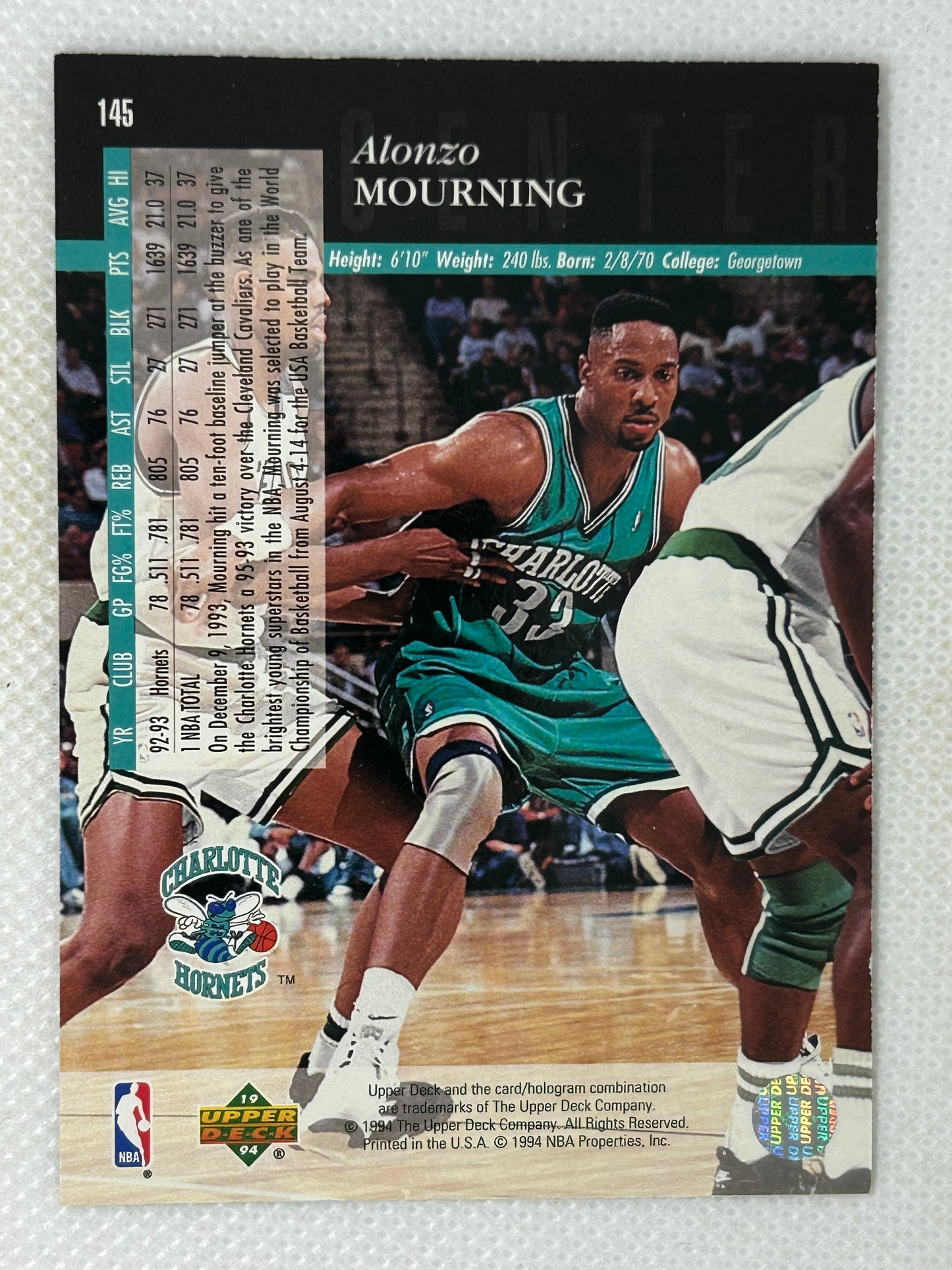1993-94 Upper Deck #145 Alonzo Mourning Charlotte Hornets Signed Card