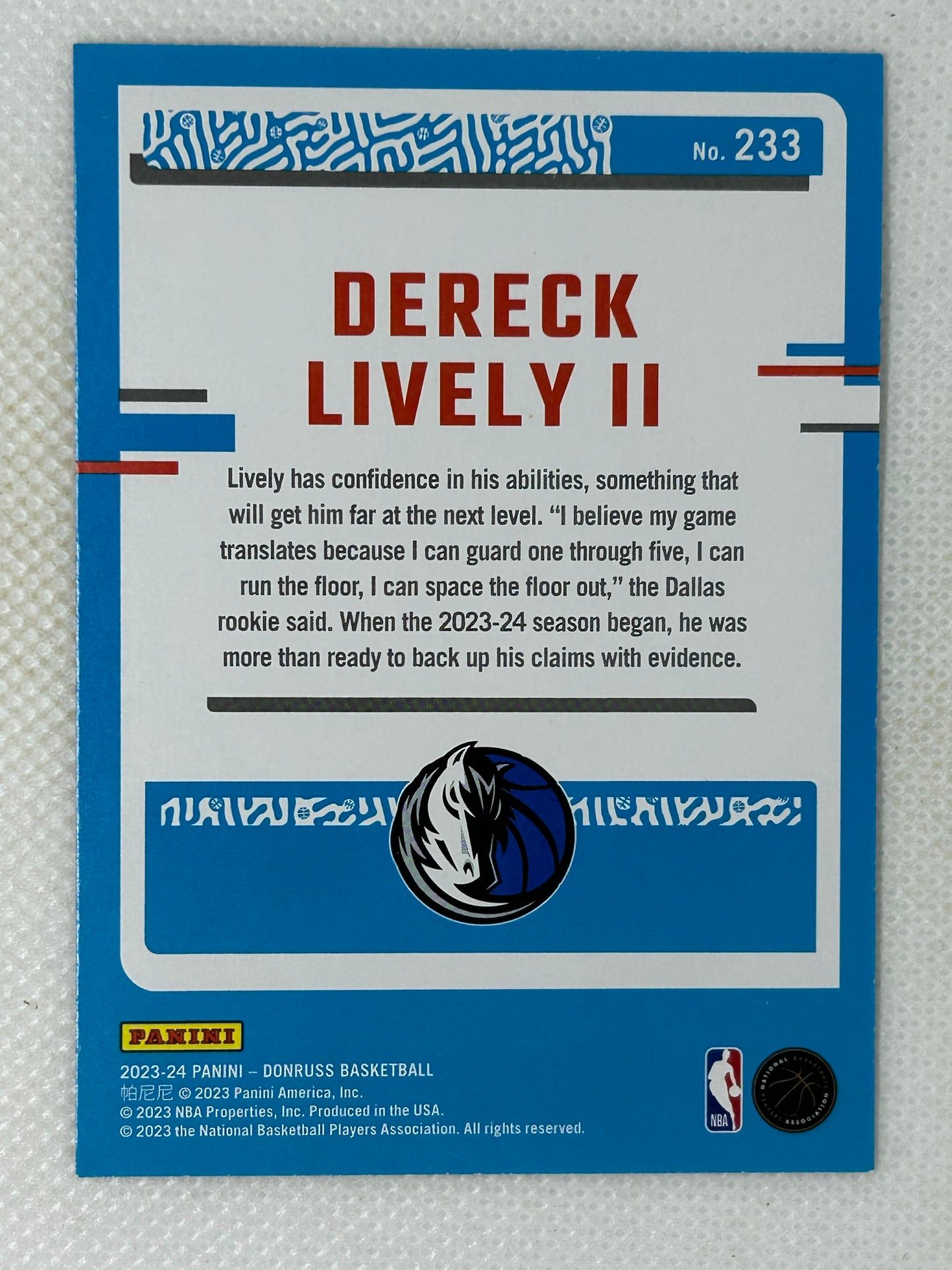 2023-24 Panini Donruss Rated Rookie-Green Lazer #233 Dereck Lively II  Dallas Mavericks