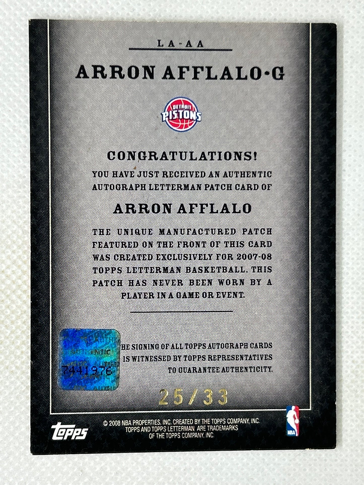 2007-08 Topps Letterman Arron Afflalo "F" Letterman Autograph /33 #LA-AA Detroit Pistons