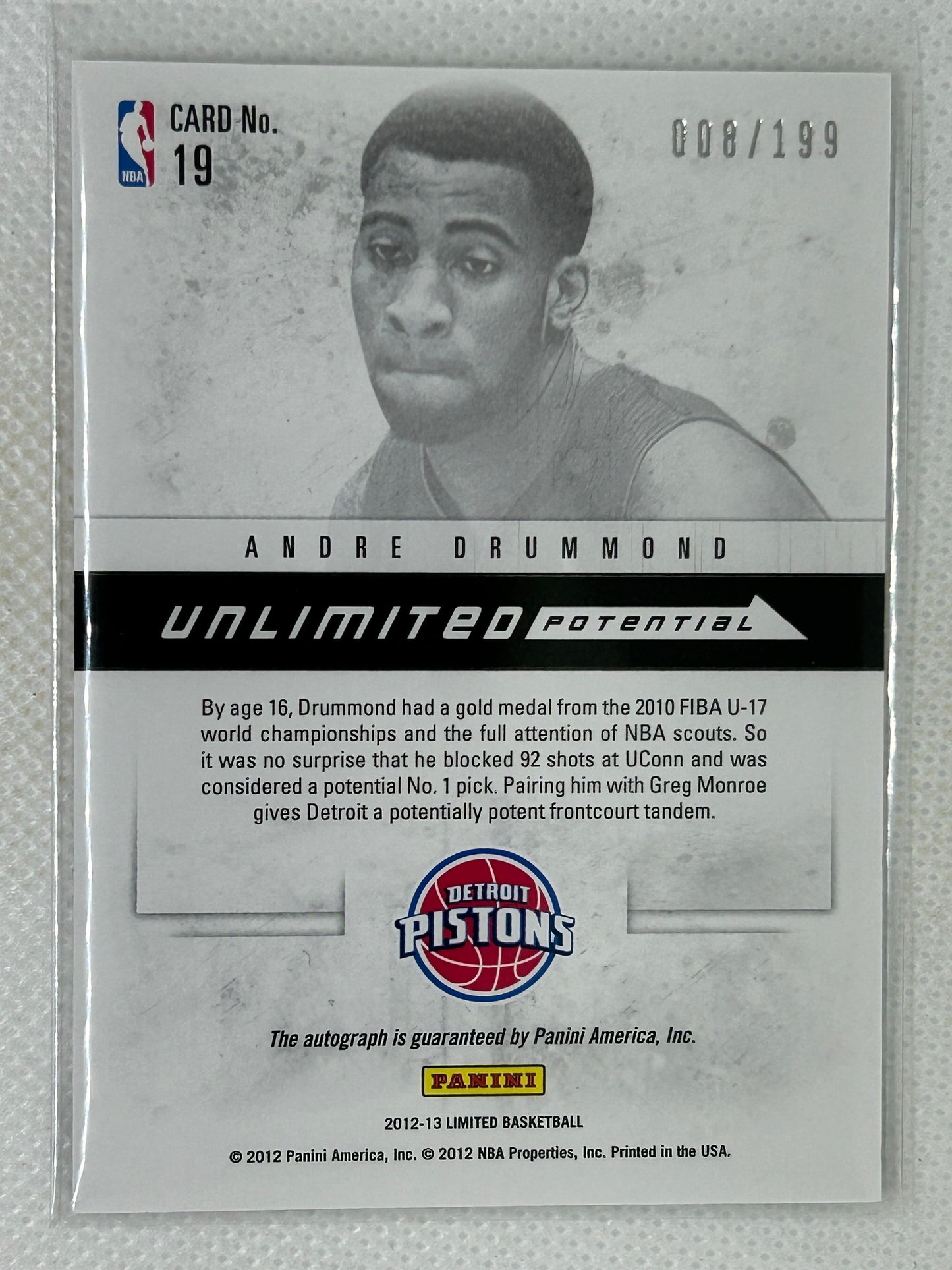 2012-13 Panini Limited Unlimited Potential Rookie Autograph Andre Drummond #19 /199 Detroit Pistons