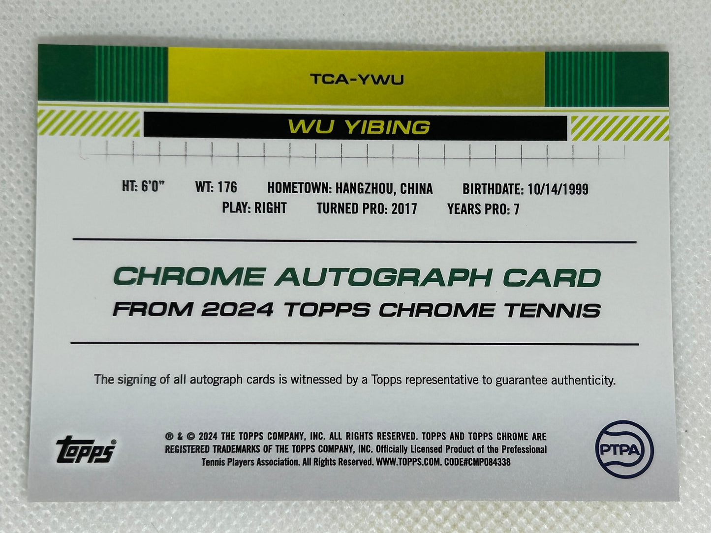2024 Topps Chrome Tennis Autographs Wu Yibing #TCA-YWU