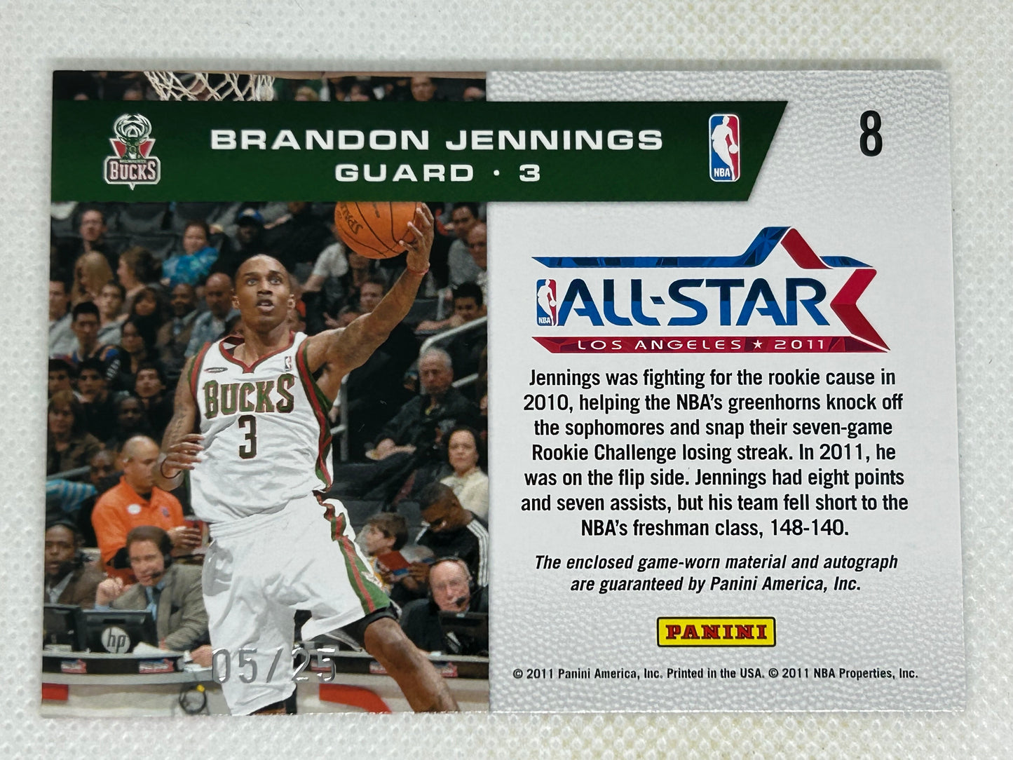 2010-11 Panini Season Update Rookie Challenge Patch Autograph Brandon Jennings #8 /25 Milwaukee Bucks