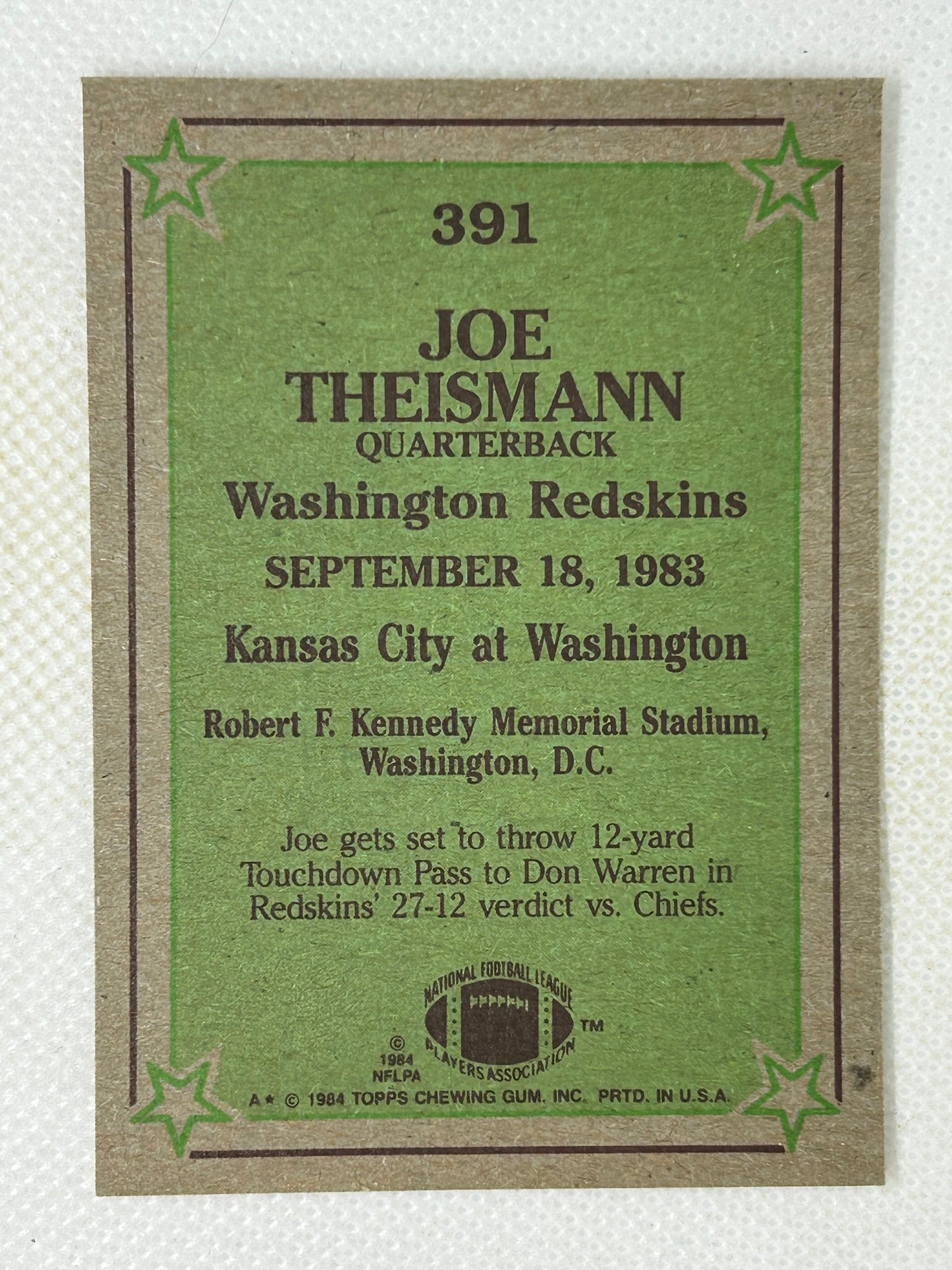 1984 Topps Instant Replay Joe Theismann #391 Washington Redskins Signed Card