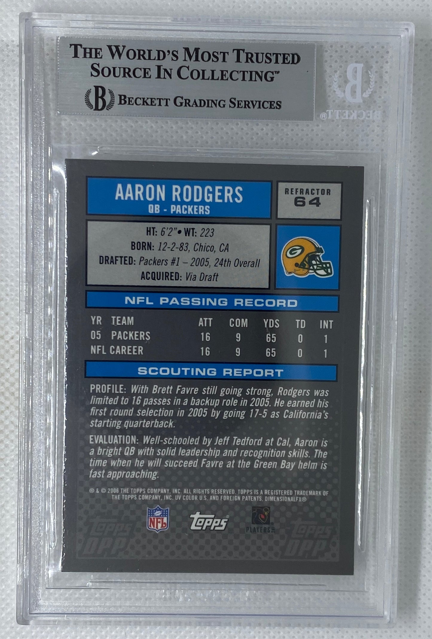 2006 Topps DPP Draft Picks Prospects Aaron Rodgers Refractor #64 BGS 9 Mint Green Bay Packers