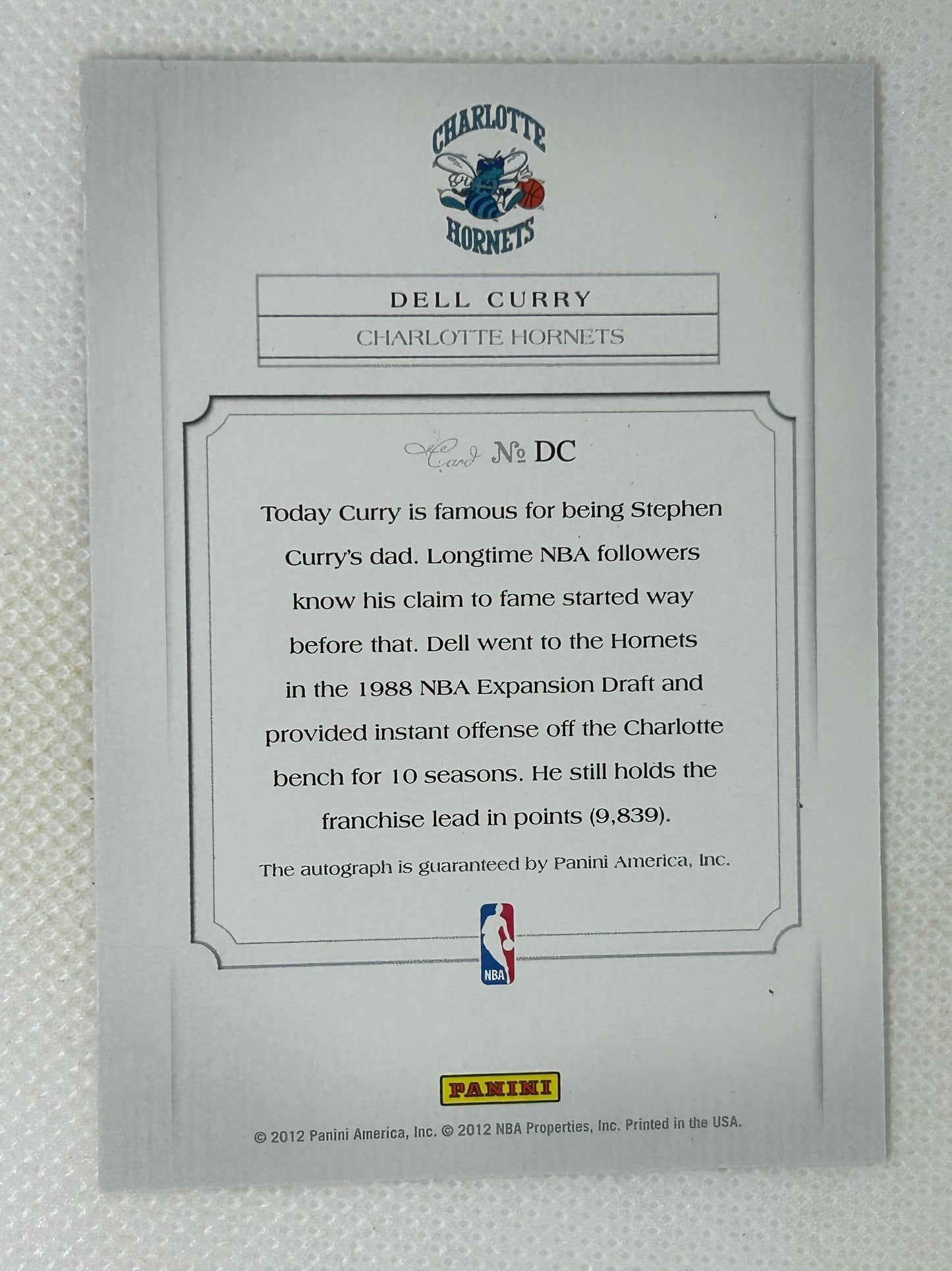 2011-12 Panini Past & Present Elusive Ink Dell Curry #DC Autograph Charlotte Hornets