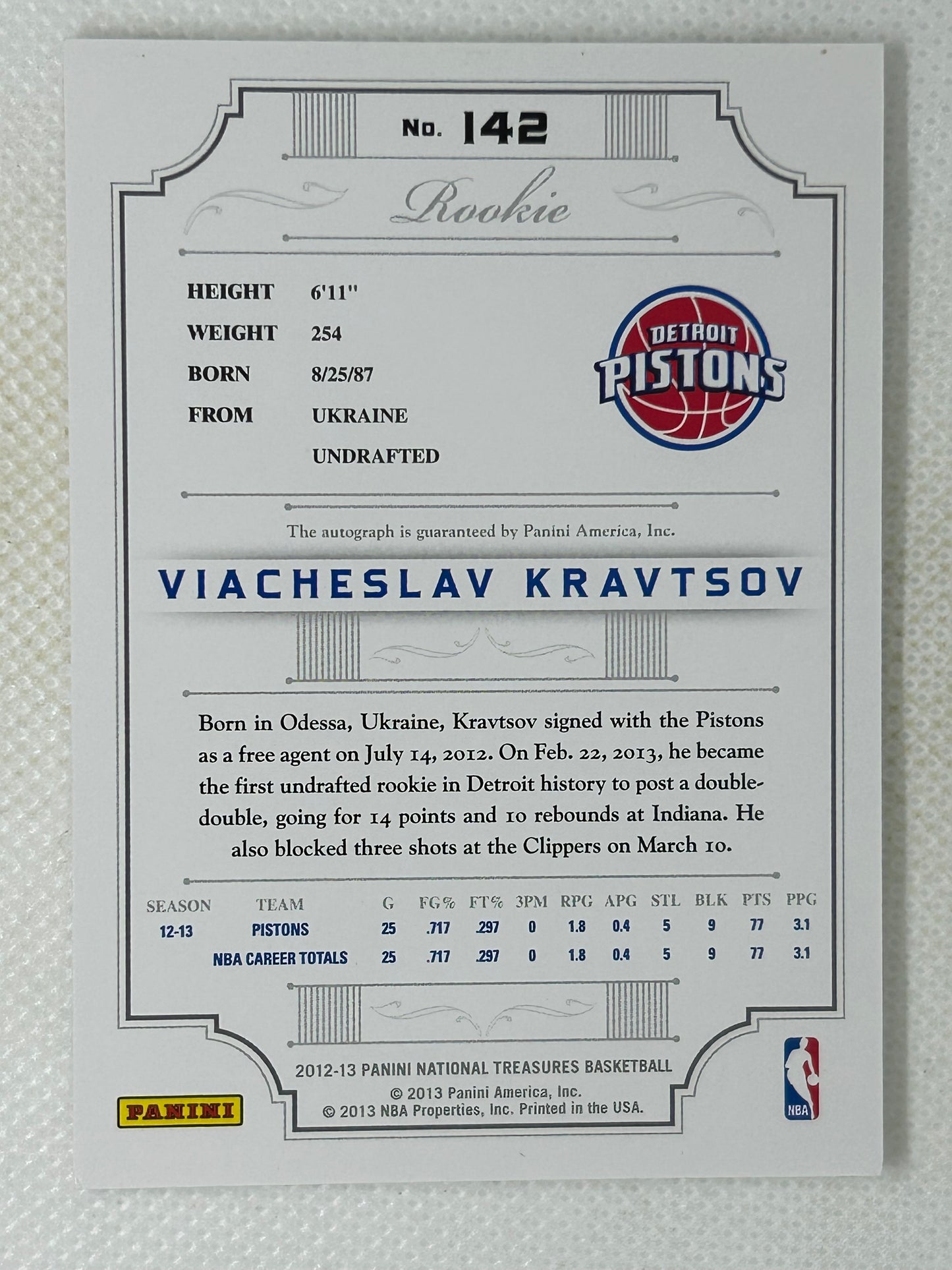 2012-13 Panini National Treasures Rookie Autograph #142 Viacheslav Kravtsov /99 Detroit Pistons