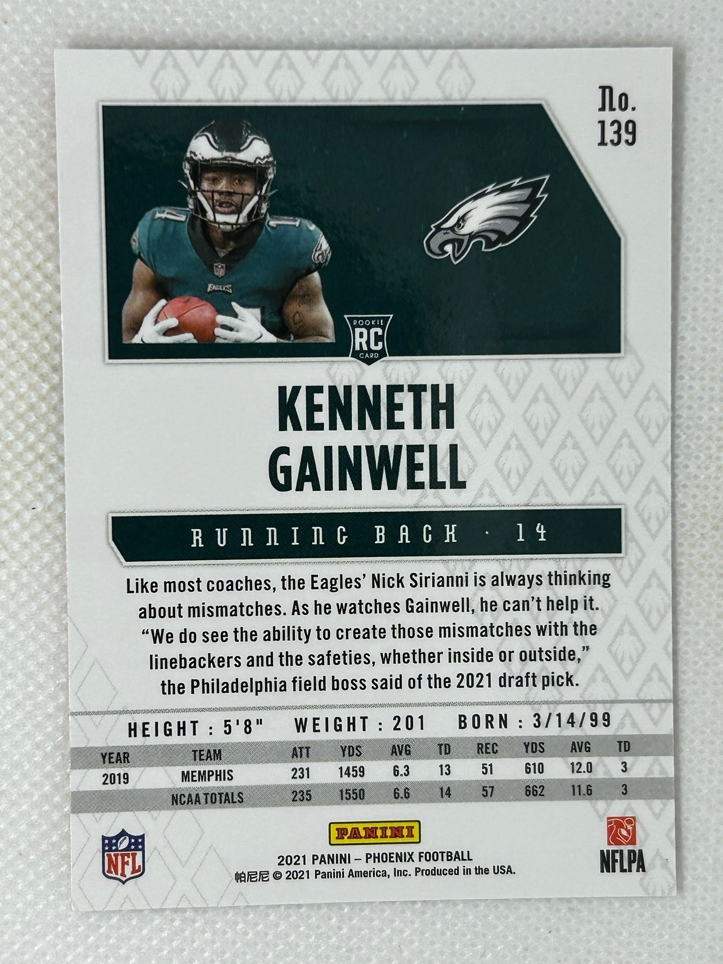 2021 Panini Phoenix Fire Burst Kenneth Gainwell Rookie Card RC #139 Philadelphia Eagles