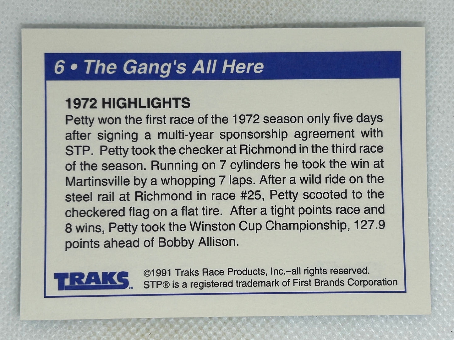 1991 Traks Richard Petty The Gang's All Here (1972 Highlights) #6 Signed Card